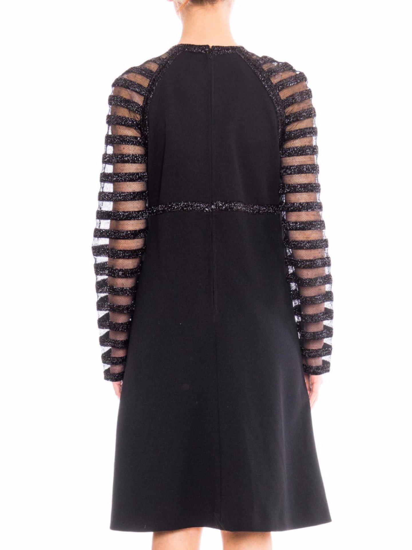 1960S JACQUELINE VANOYE Black Polyester Knit MOD Cocktail Dress With Mesh Lurex For Sale 1