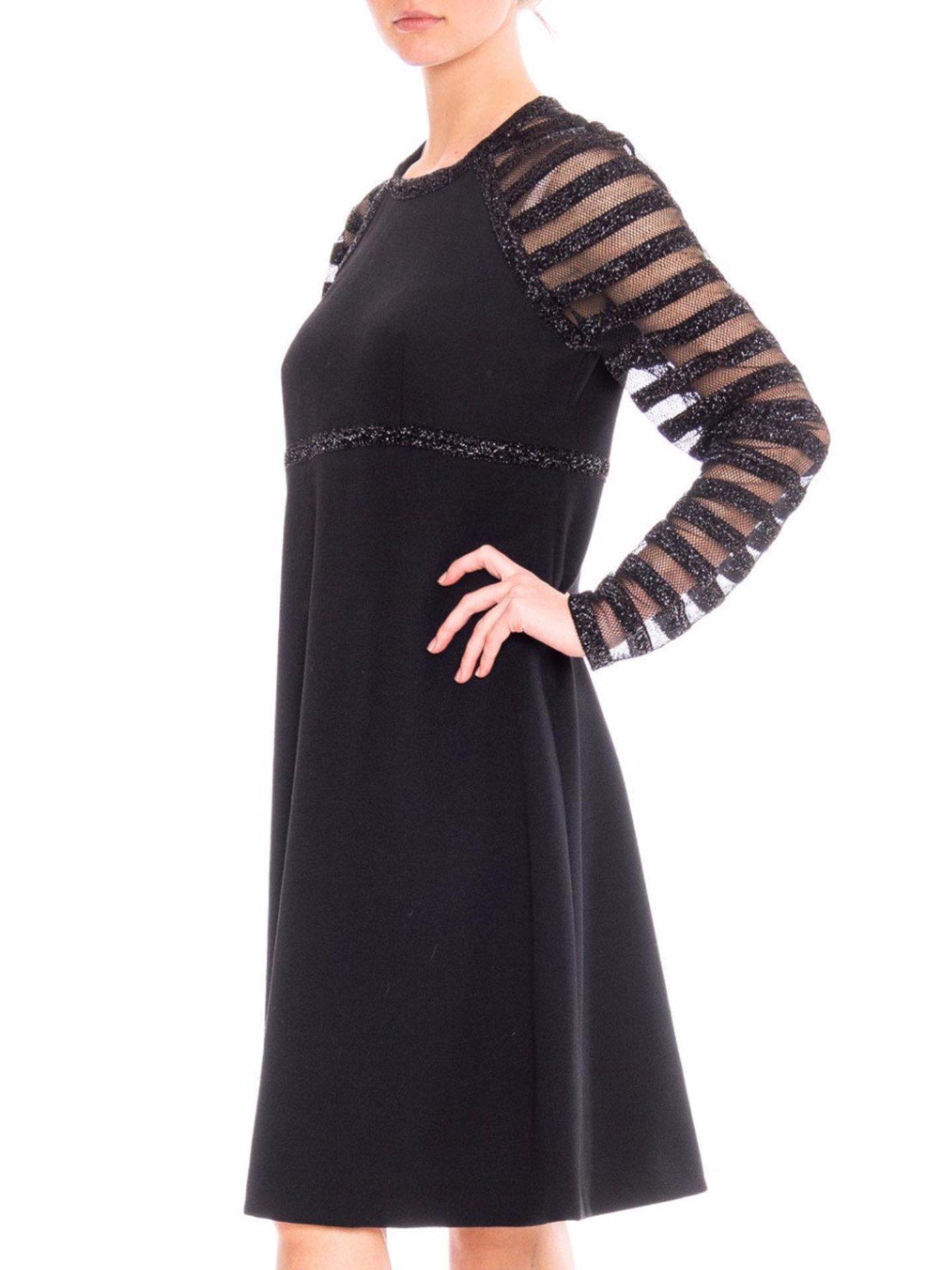 1960S JACQUELINE VANOYE Black Polyester Knit MOD Cocktail Dress With Mesh Lurex For Sale 2