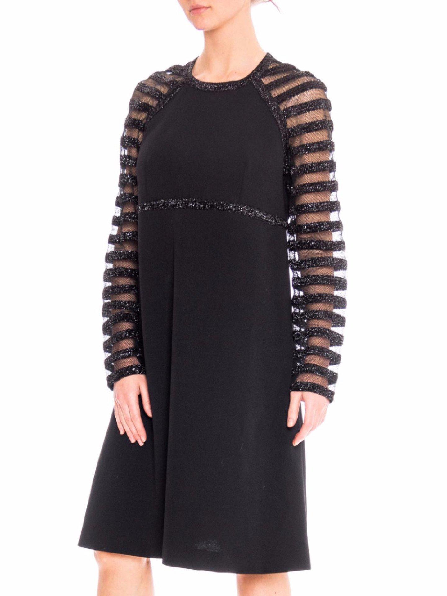 1960S JACQUELINE VANOYE Black Polyester Knit MOD Cocktail Dress With Mesh Lurex For Sale 3