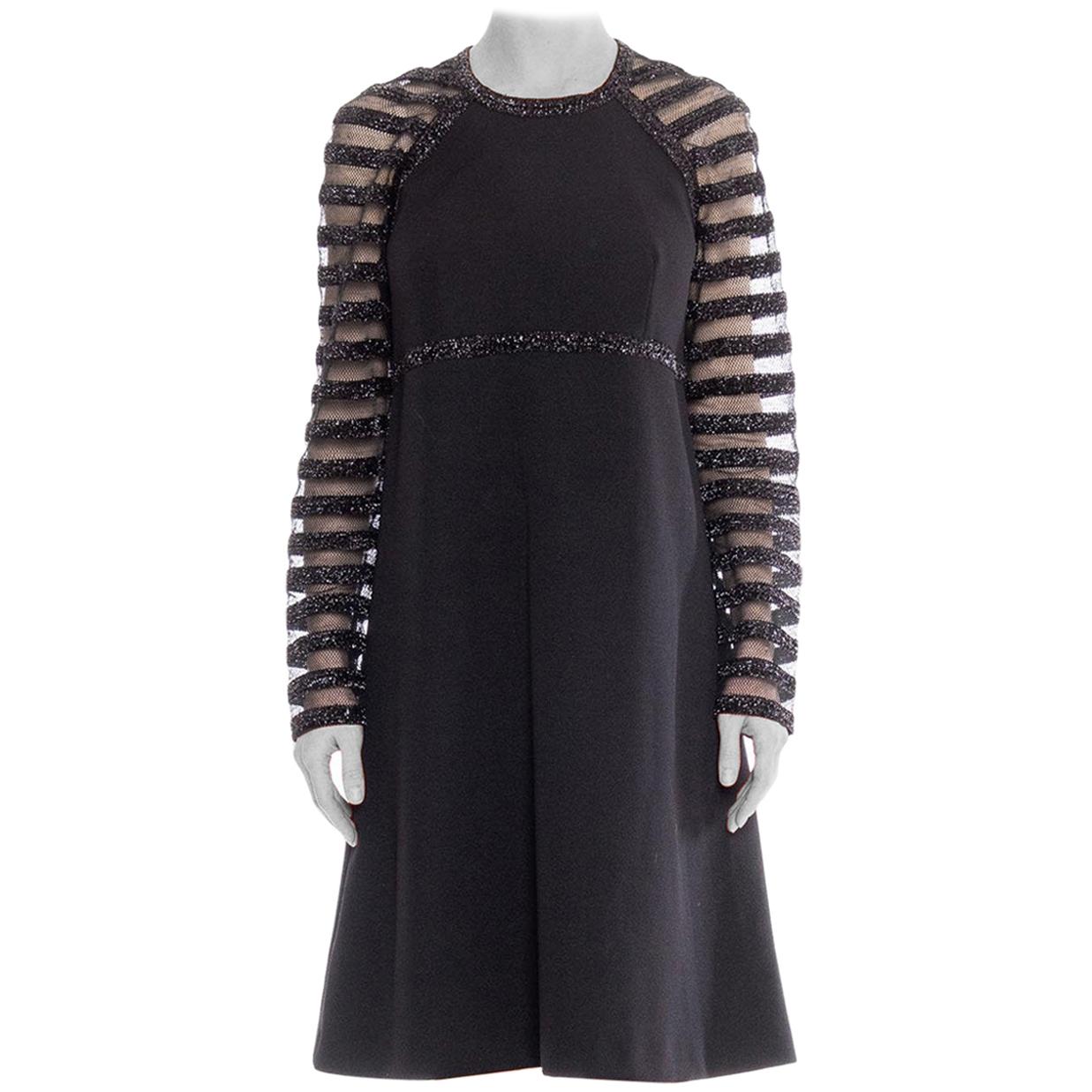 1960S JACQUELINE VANOYE Black Polyester Knit MOD Cocktail Dress With Mesh Lurex For Sale