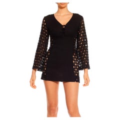 1960S Black Cotton Blend Lace & Linen Micro Mini Dress With Sleeves