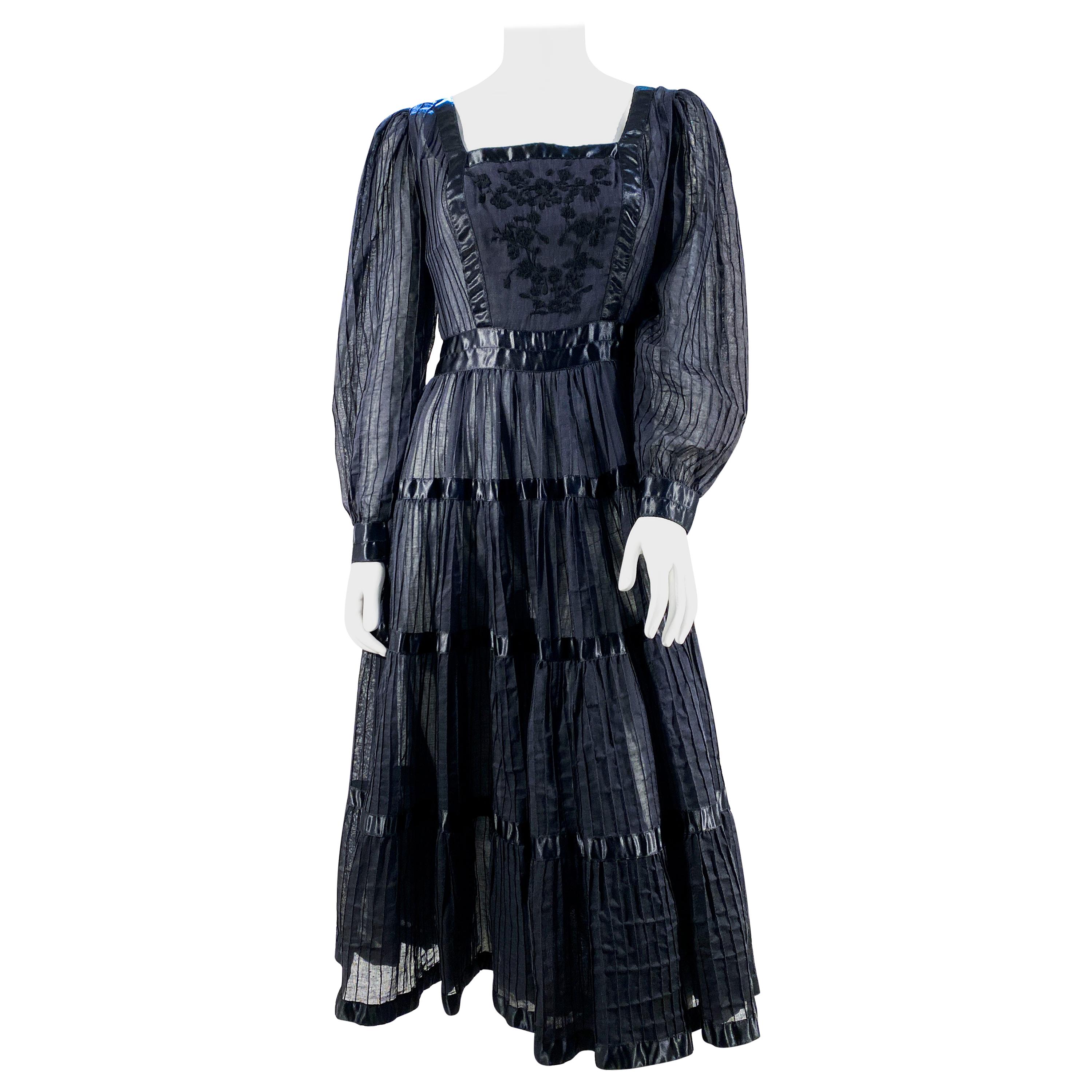 1960s Black Cotton Peasant/Bohemian Dress For Sale