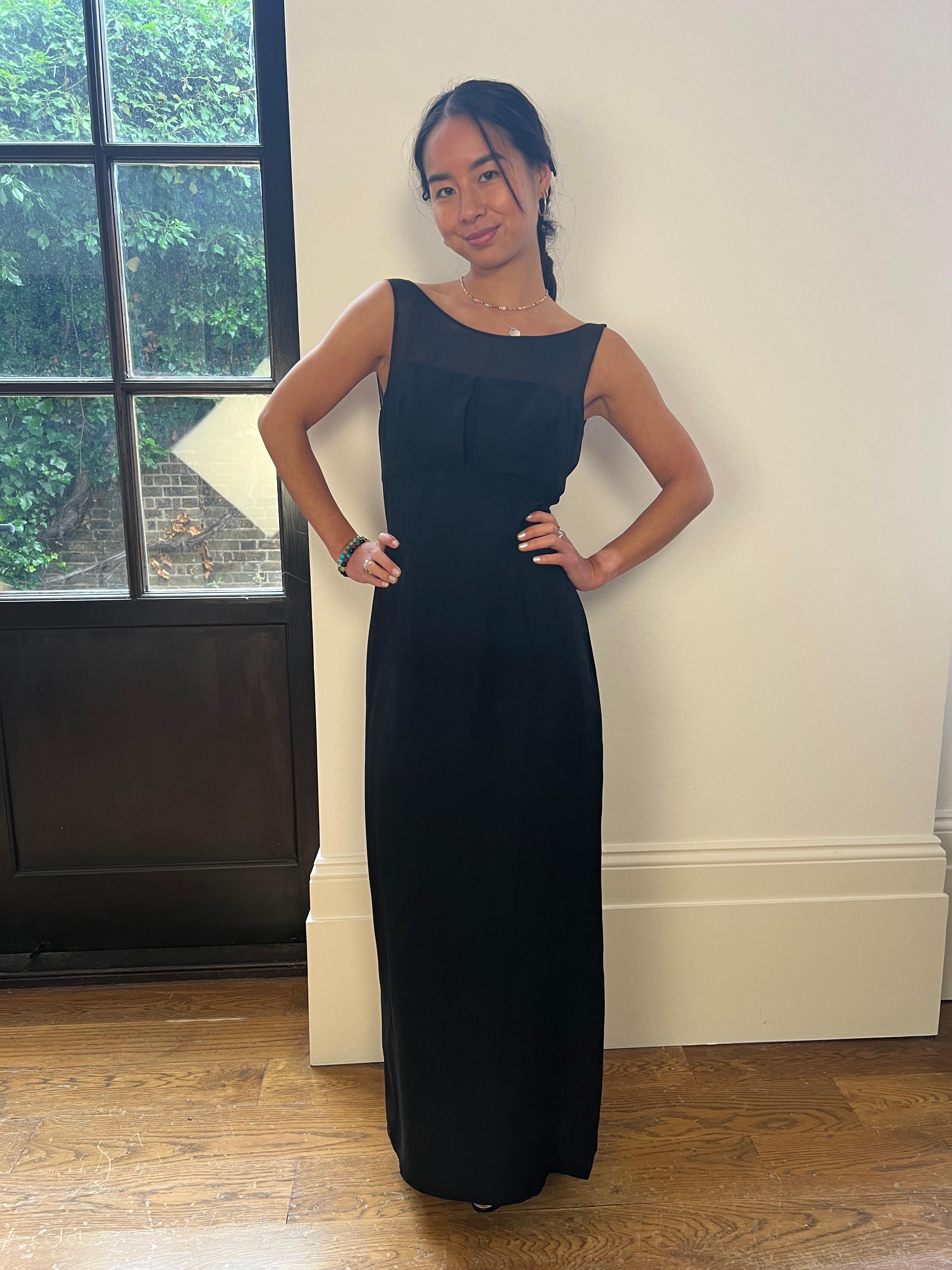 1960s Black Crepe and Georgette Column Dress For Sale 2