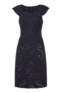 1960s Black Crepe Cocktail Dress With Beaded Embellishment