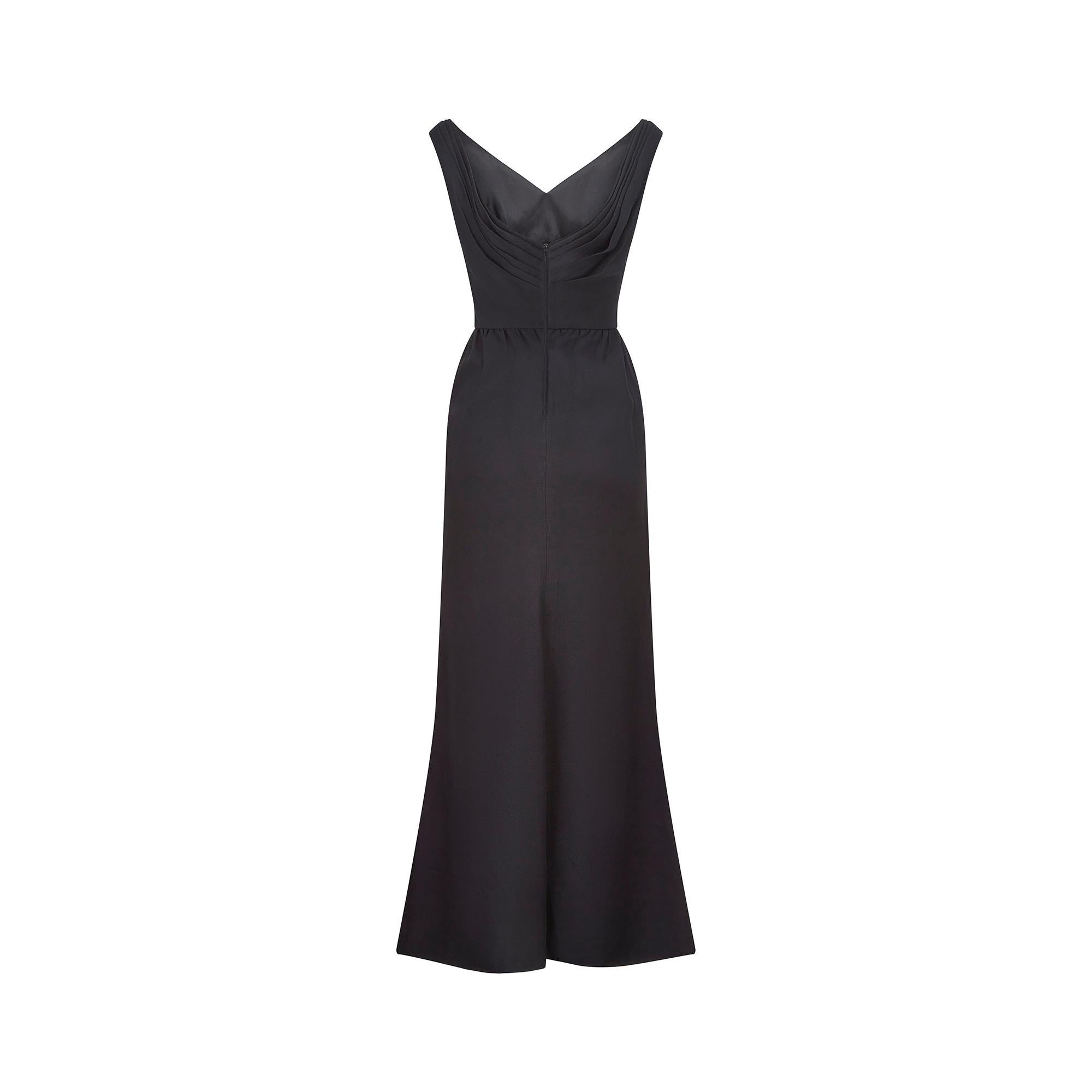 Women's 1960s Black Crepe Full Length Fishtail Evening Dress For Sale
