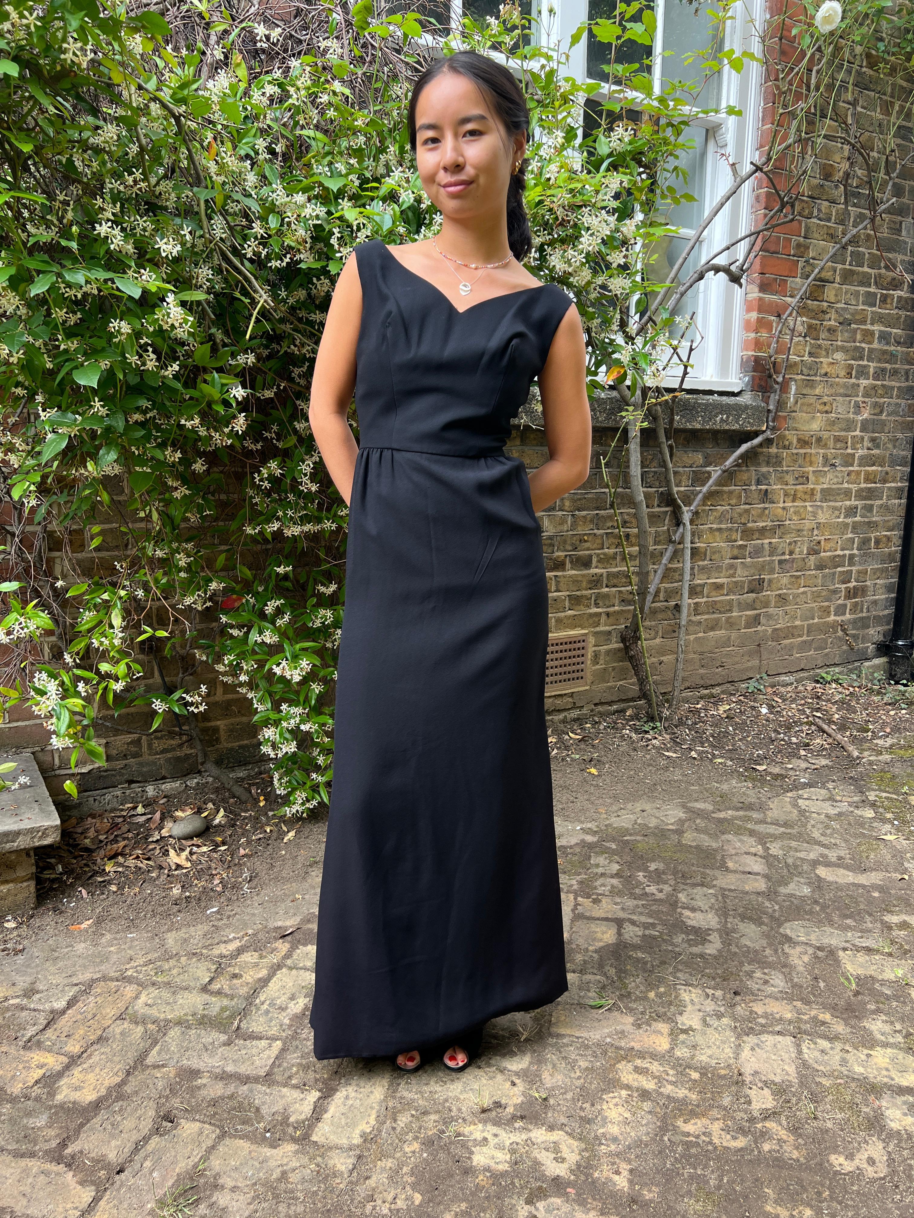 1960s Black Crepe Full Length Fishtail Evening Dress 2