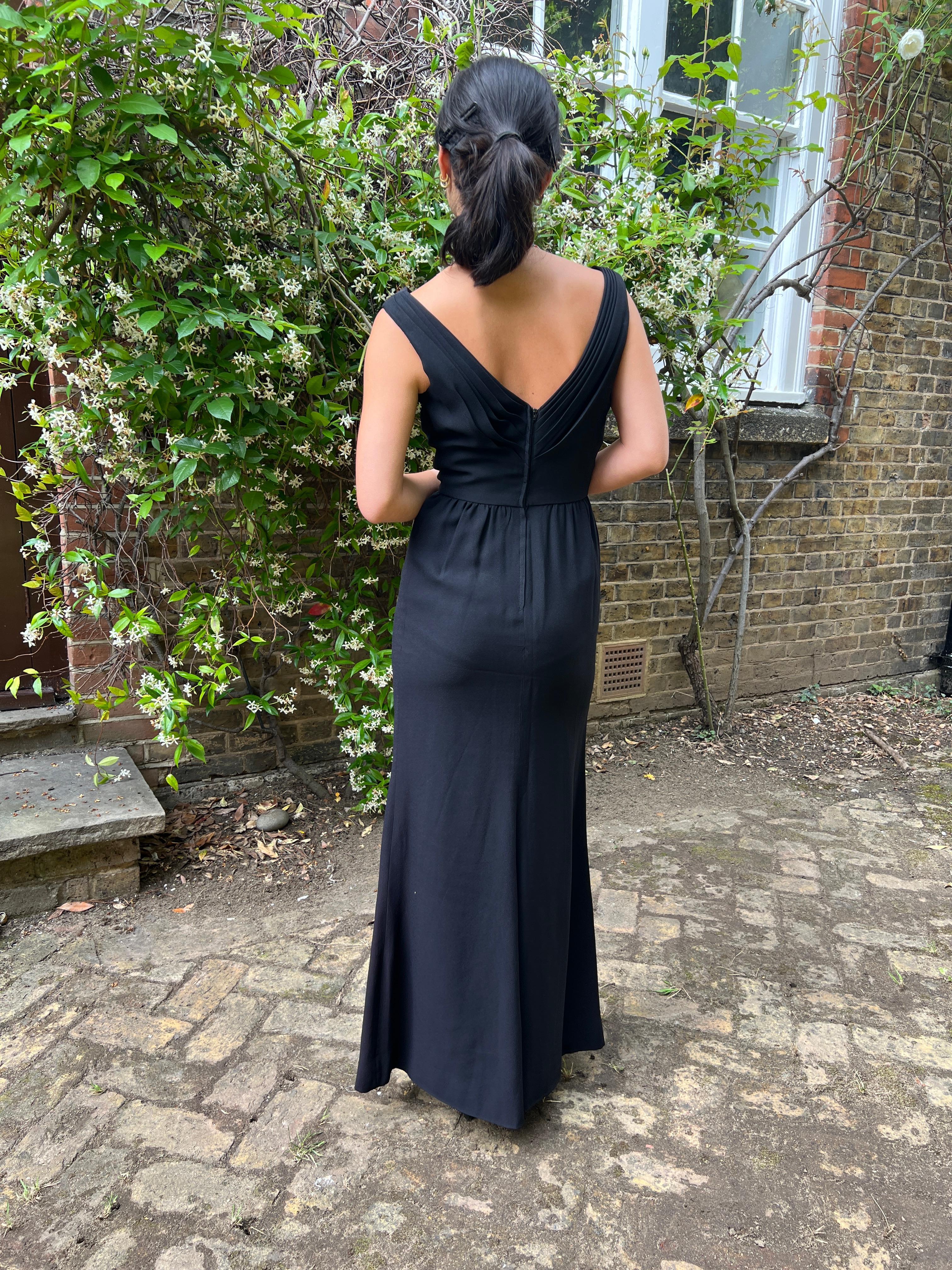 1960s Black Crepe Full Length Fishtail Evening Dress 3