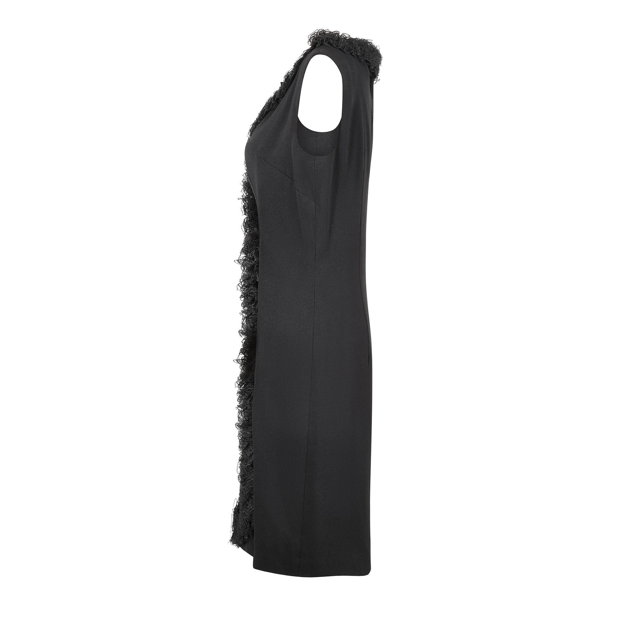 1960s Black Crepe Wrap Over Lace Ruffle Hem Dress In Excellent Condition For Sale In London, GB