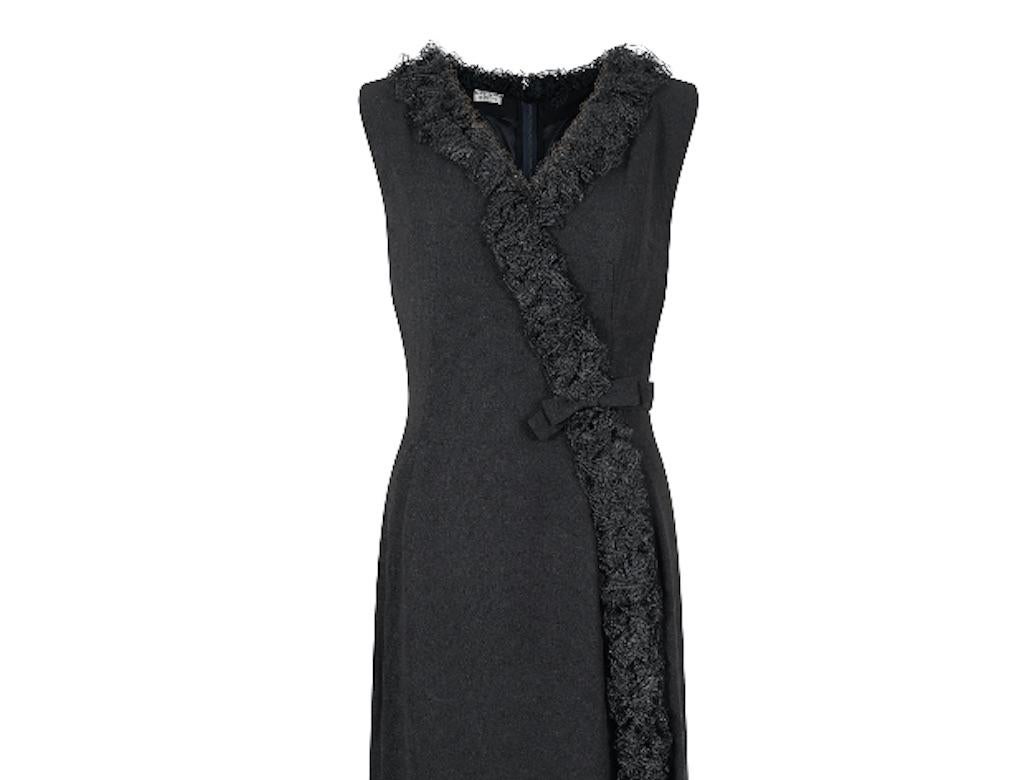 Women's 1960s Black Crepe Wrap Over Lace Ruffle Hem Dress For Sale