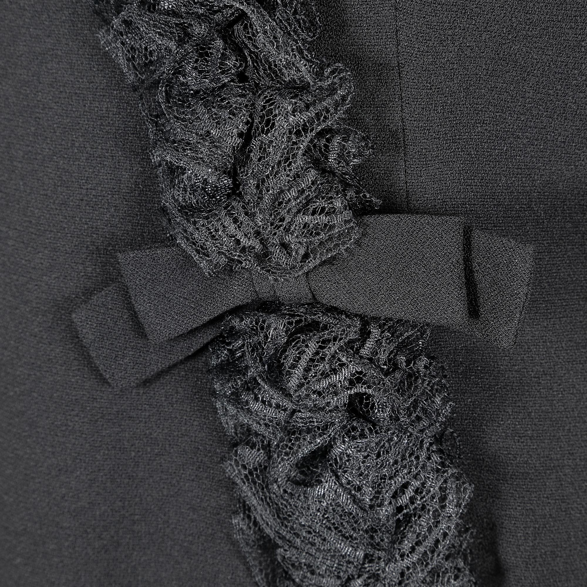 1960s Black Crepe Wrap Over Lace Ruffle Hem Dress For Sale 2
