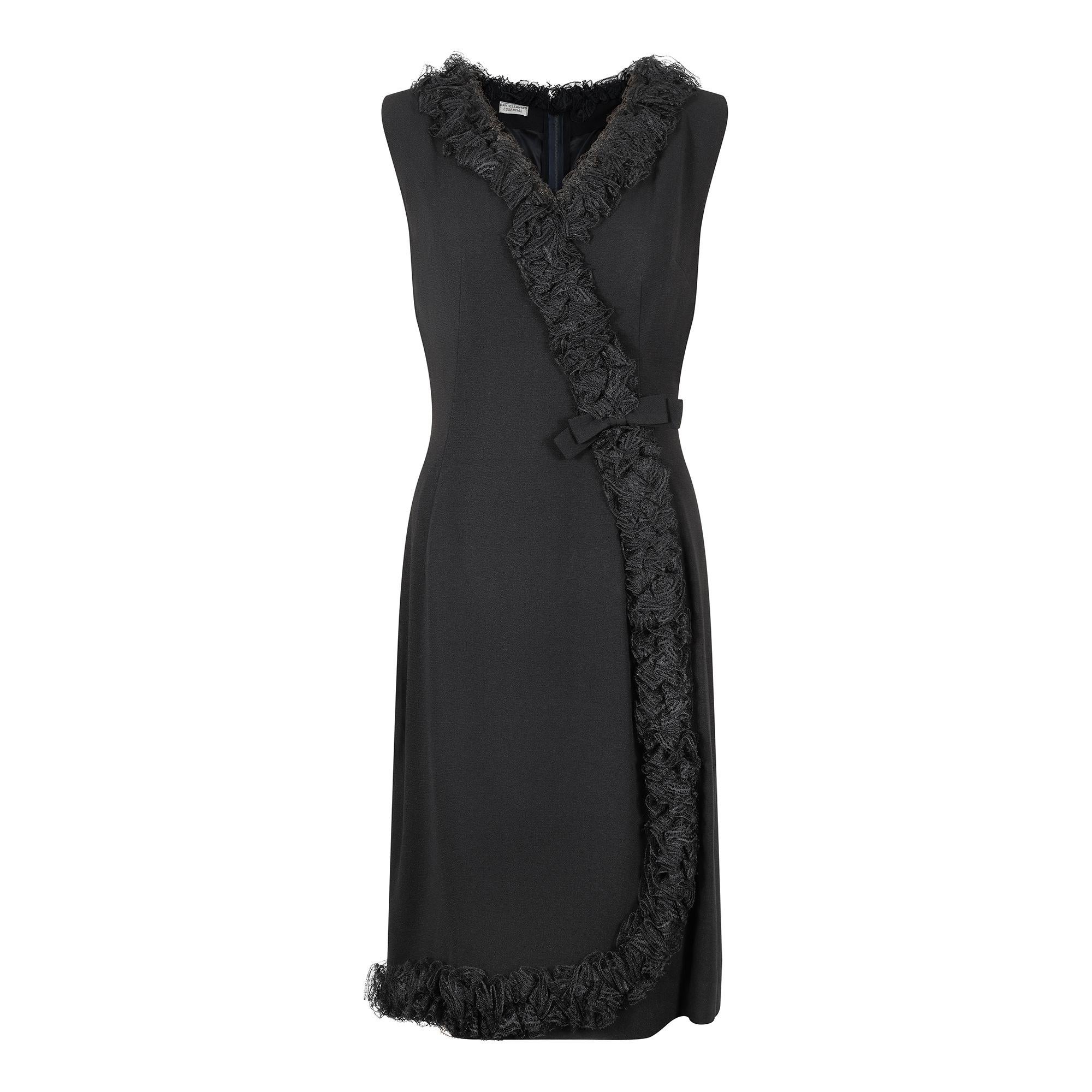 1960s Black Crepe Wrap Over Lace Ruffle Hem Dress For Sale
