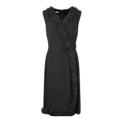1960s Black Crepe Wrap Over Lace Ruffle Hem Dress