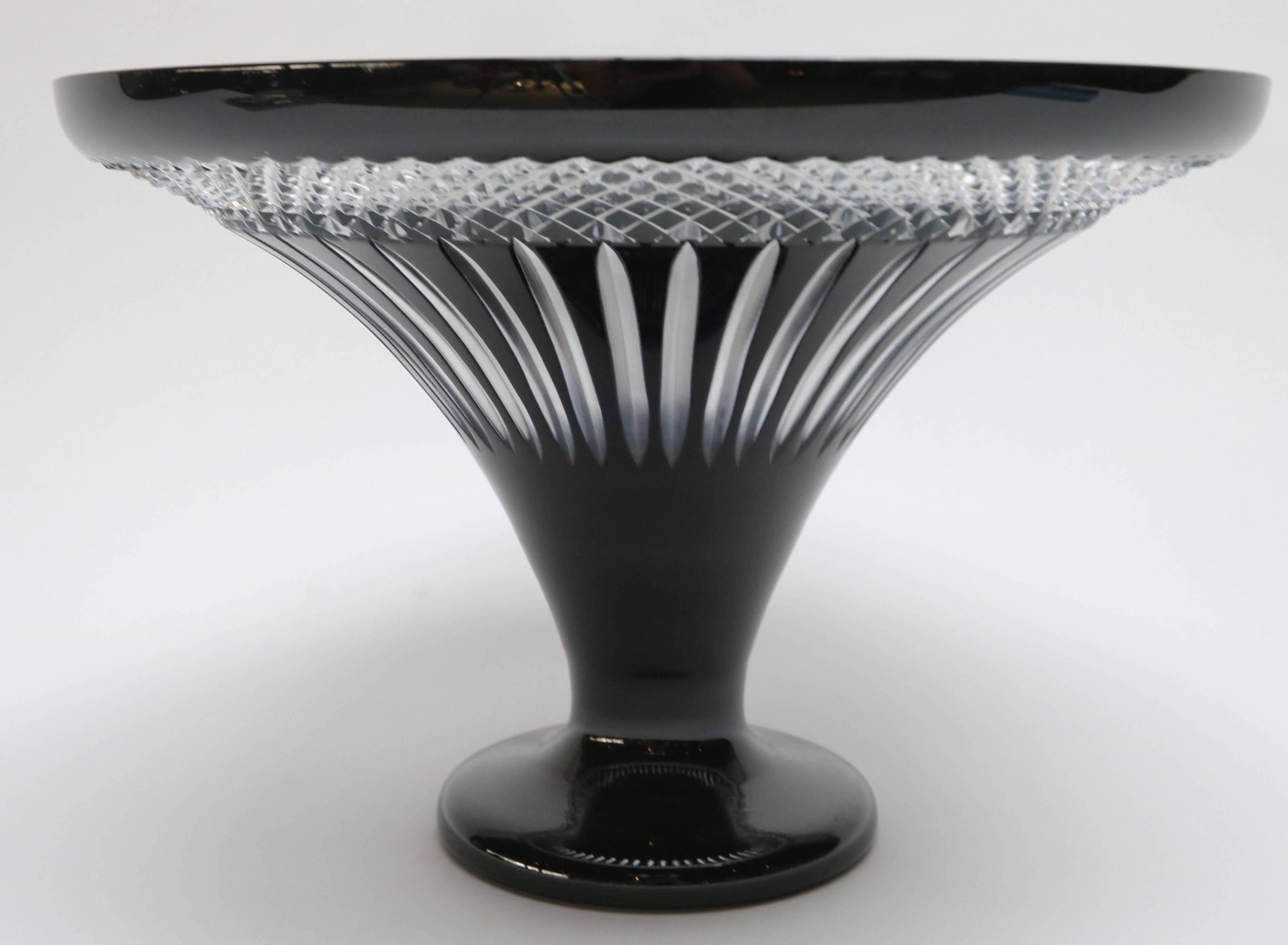 Mid-Century Modern Patterned Black and Clear Cut-Glass Pedestal Bowl, 1960s