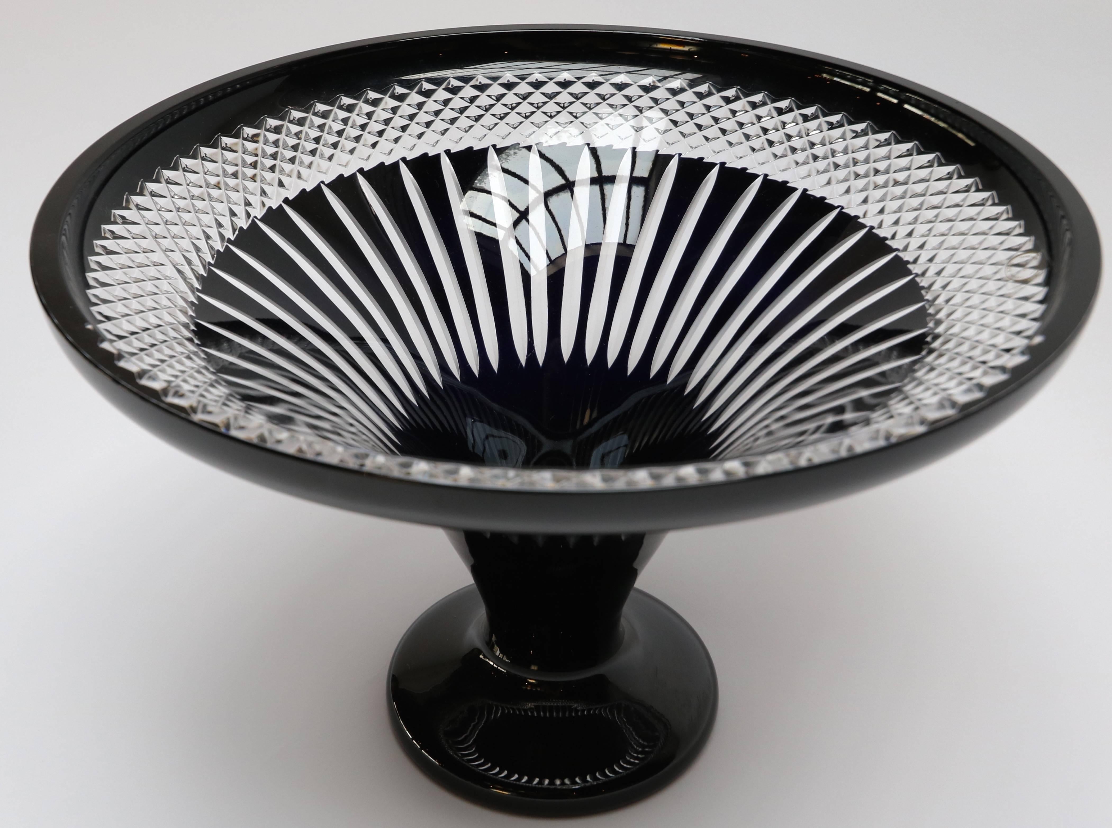 Hungarian Patterned Black and Clear Cut-Glass Pedestal Bowl, 1960s