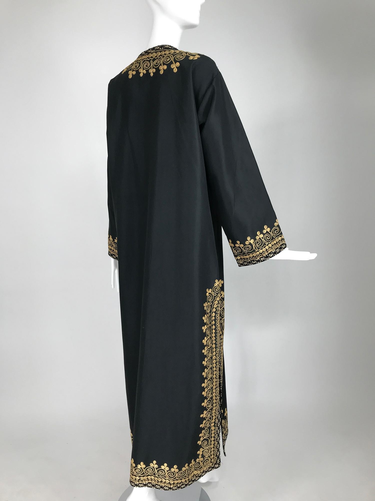 1960s Black Embroidered Caftan with Black & Tan Woven Raffia Trim 1