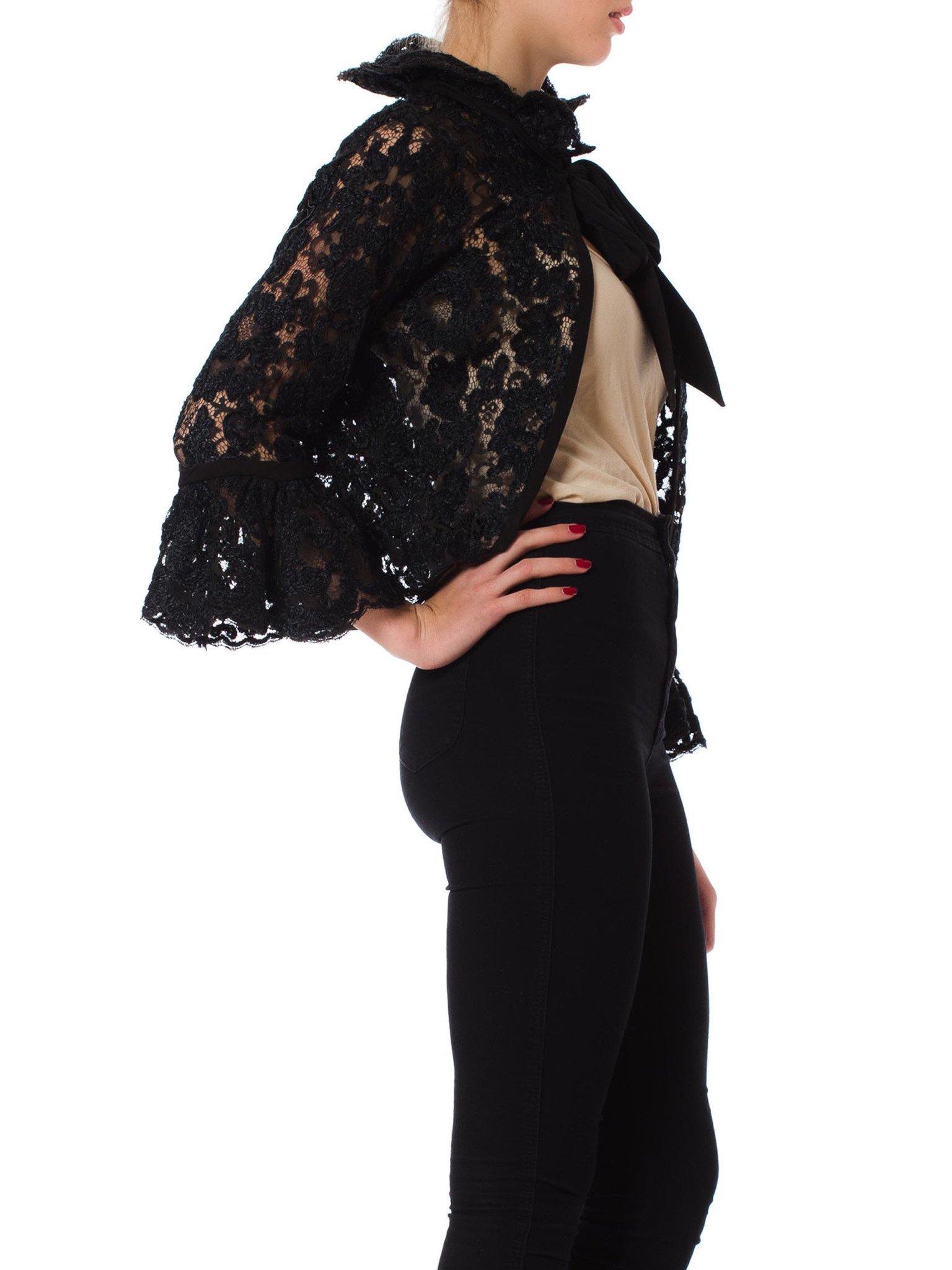 Women's 1960S Black Embroidered Silk & Cotton Lace Bow Neck Bell Sleeve Jacket