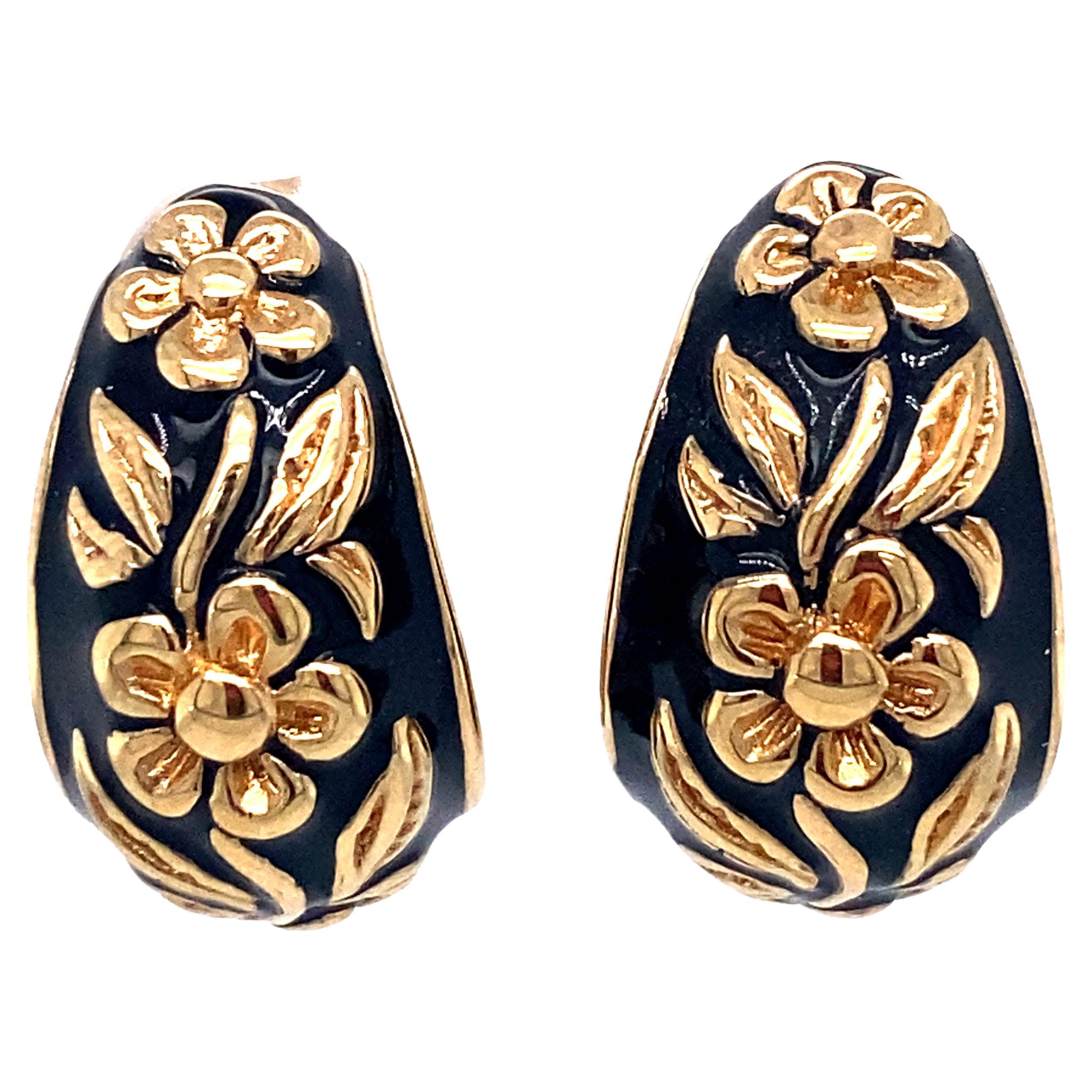 1960s Black Enamel Floral Motif Half Hoop Earrings in 14 Karat Gold For Sale