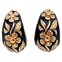 Vintage 1960s Black Enamel Floral Motif Half Hoop Earrings in 14 Karat Gold
