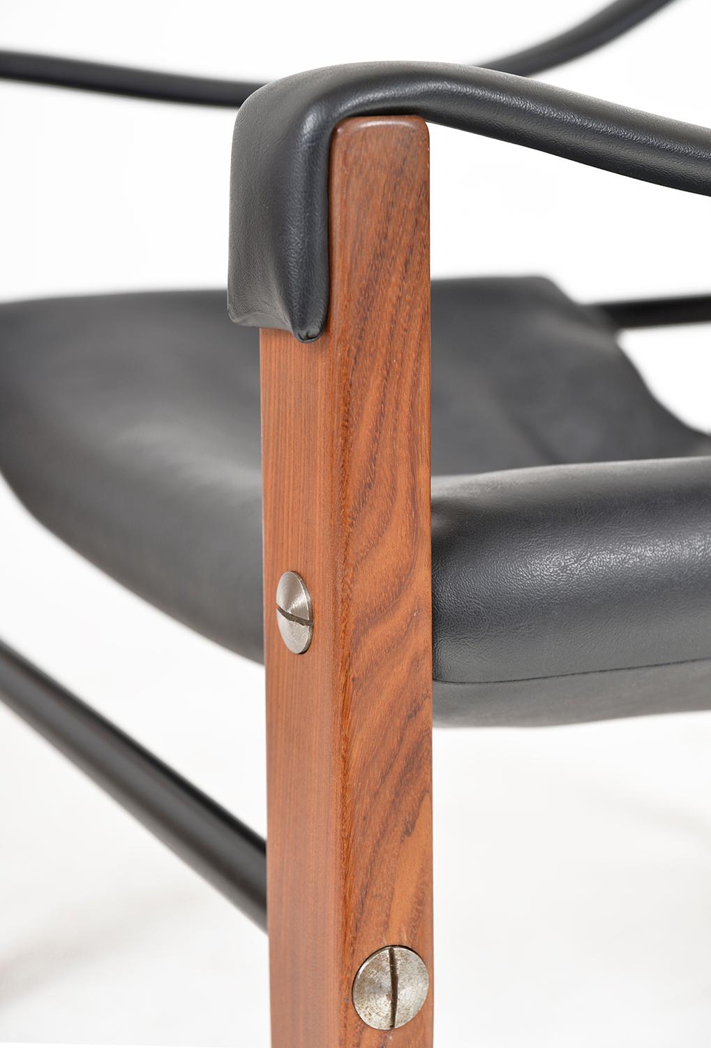 Steel 1960s Black Faux Leather Teak Safari Lounge Chair by Maurice Burke for Arkana UK
