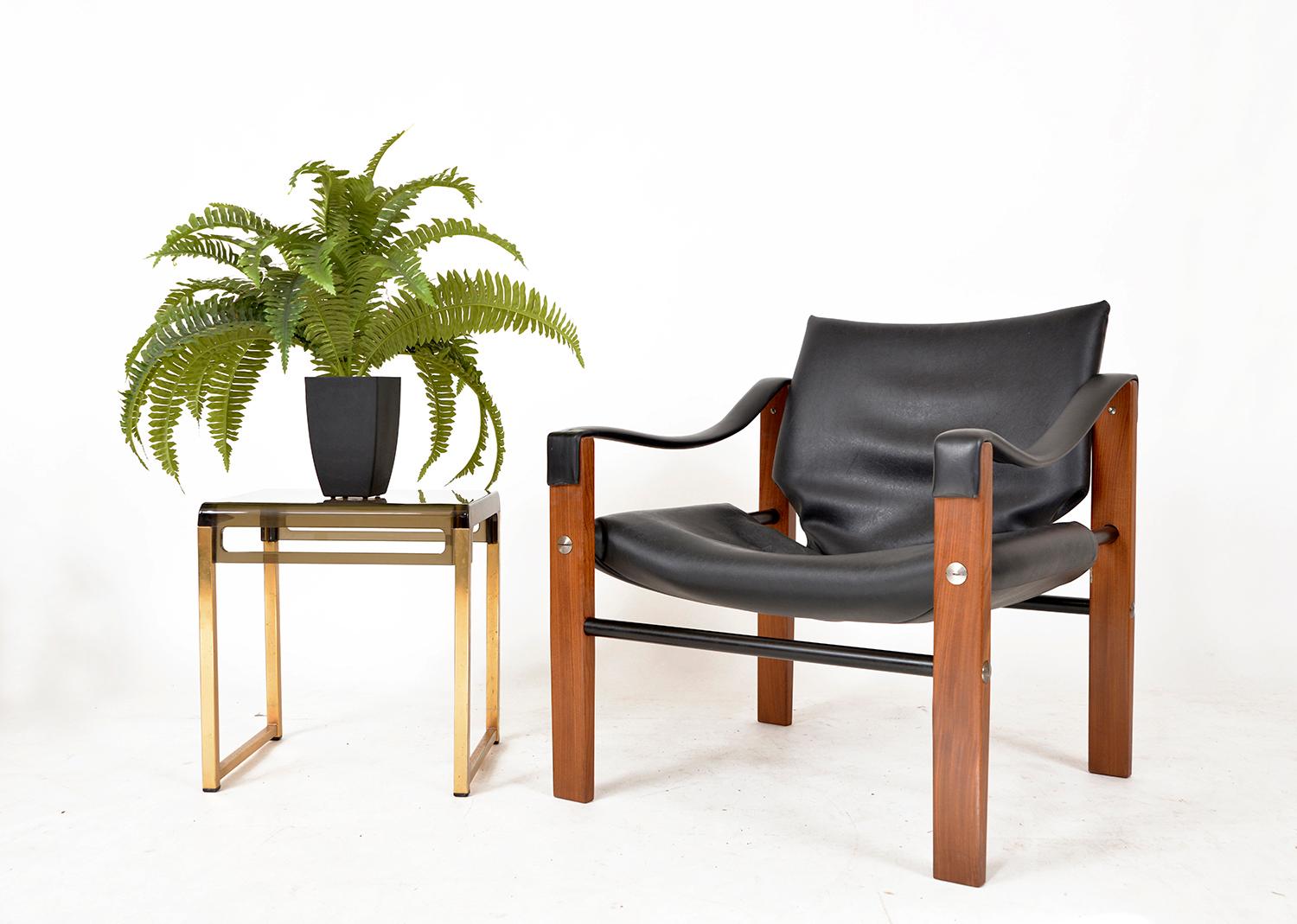 British 1960s Black Faux Leather Teak Safari Lounge Chair by Maurice Burke for Arkana UK