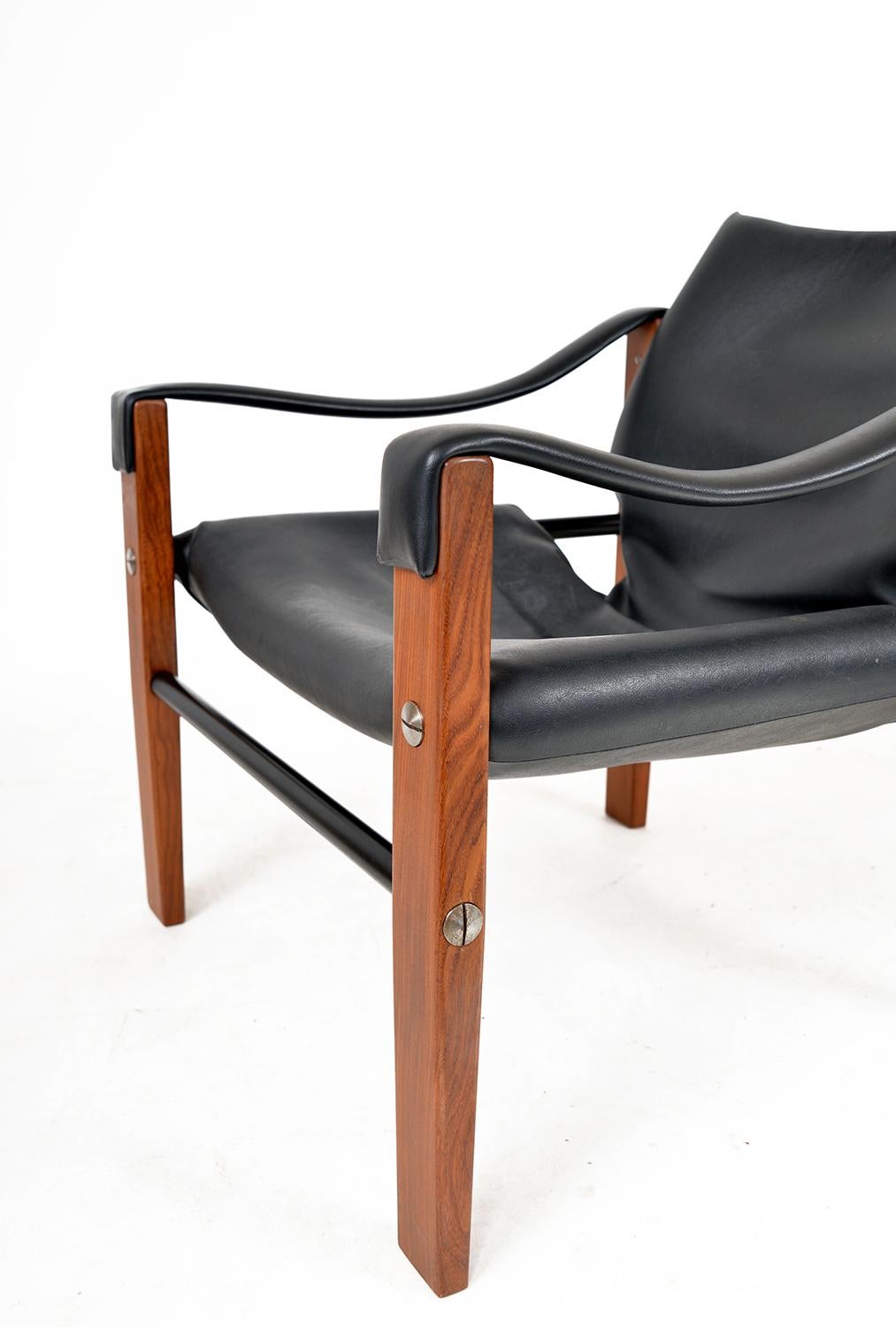 Steel 1960s Black Faux Leather Teak Safari Lounge Chair by Maurice Burke for Arkana UK