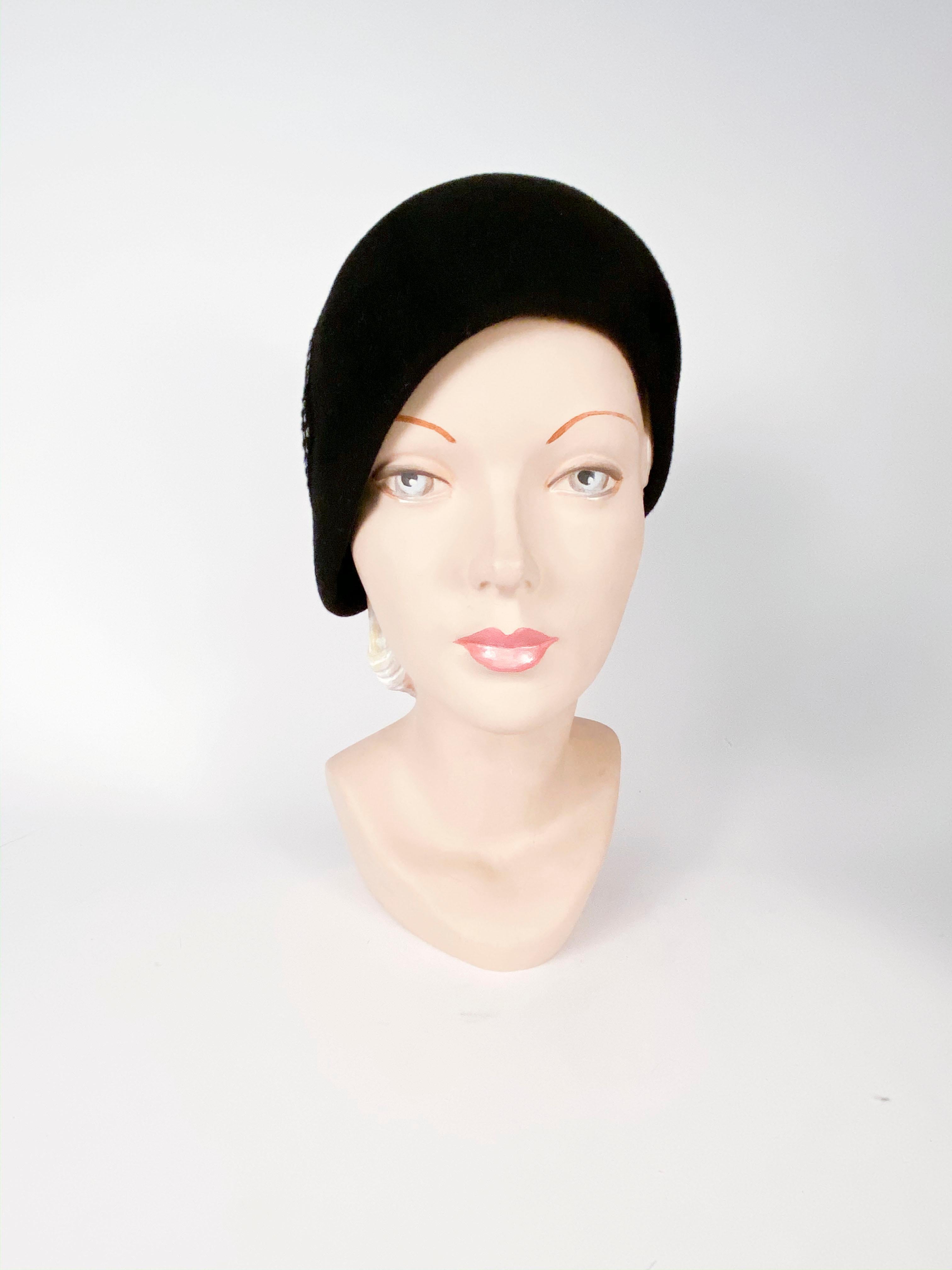 1960s Black Fur Felt Bucket Hat with Diamond Applique 2