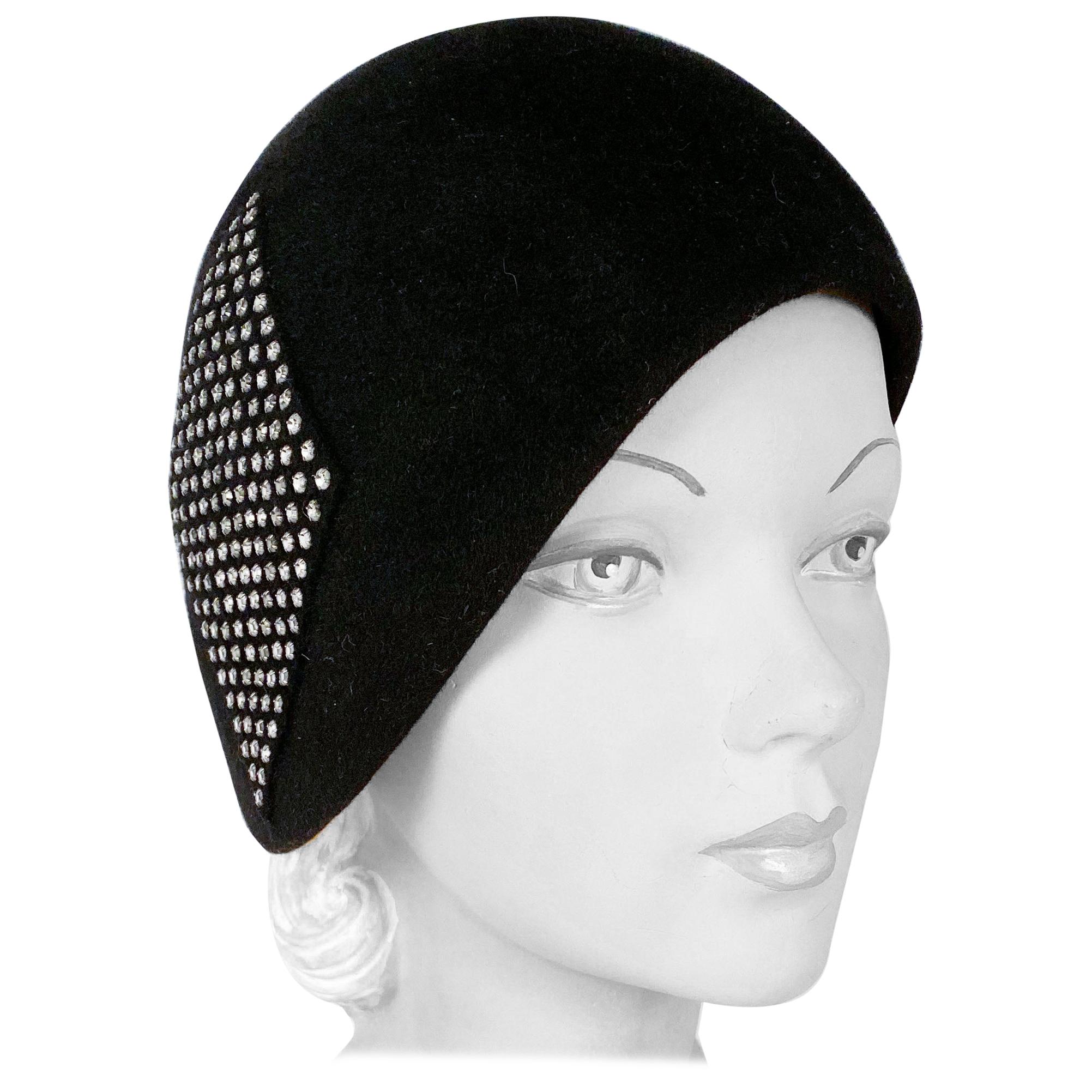 1960s Black Fur Felt Bucket Hat with Diamond Applique