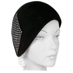 Retro 1960s Black Fur Felt Bucket Hat with Diamond Applique