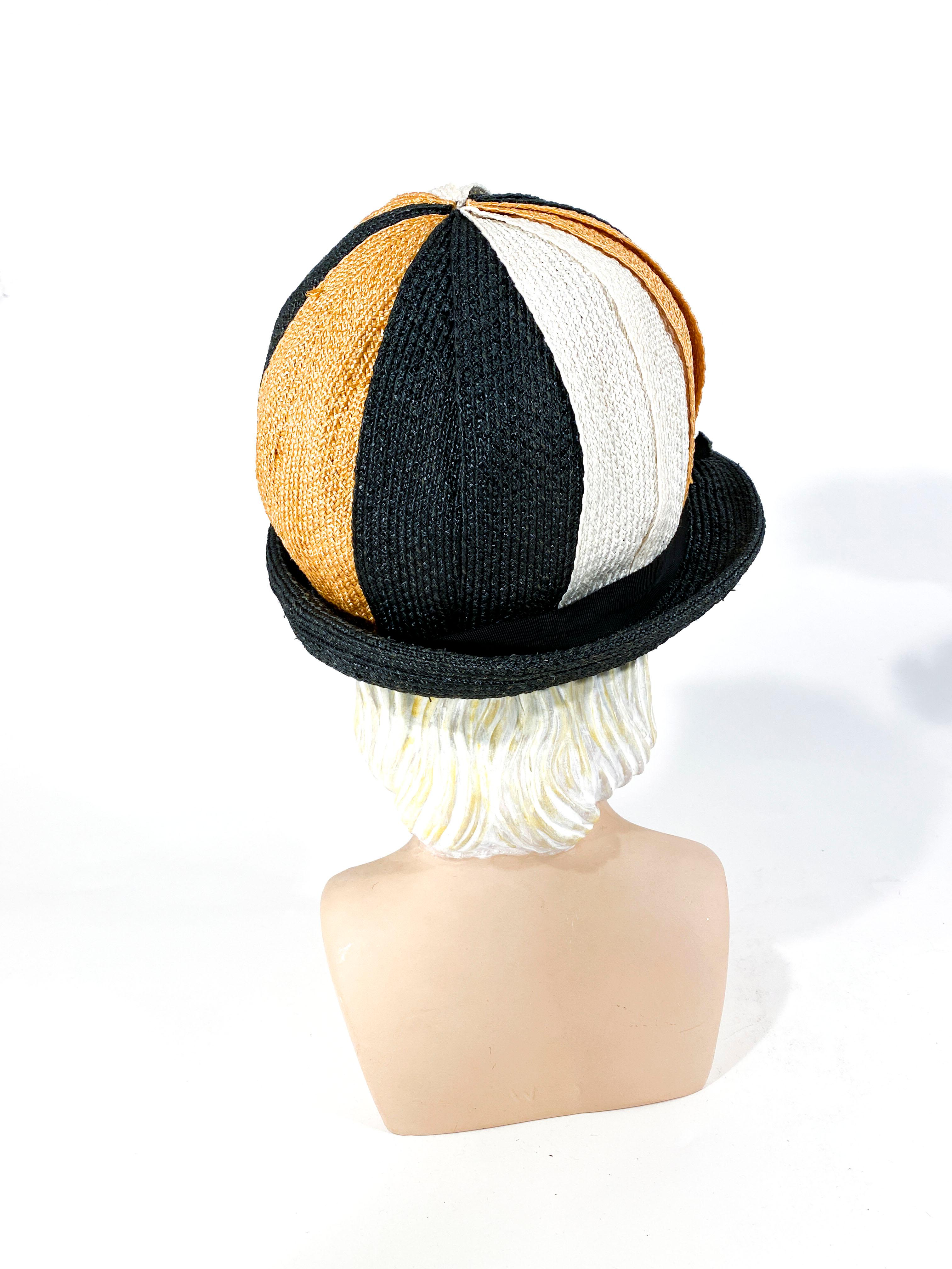 1960s Black, Gold, and Cream Woven Raffia Cloche In Good Condition For Sale In San Francisco, CA