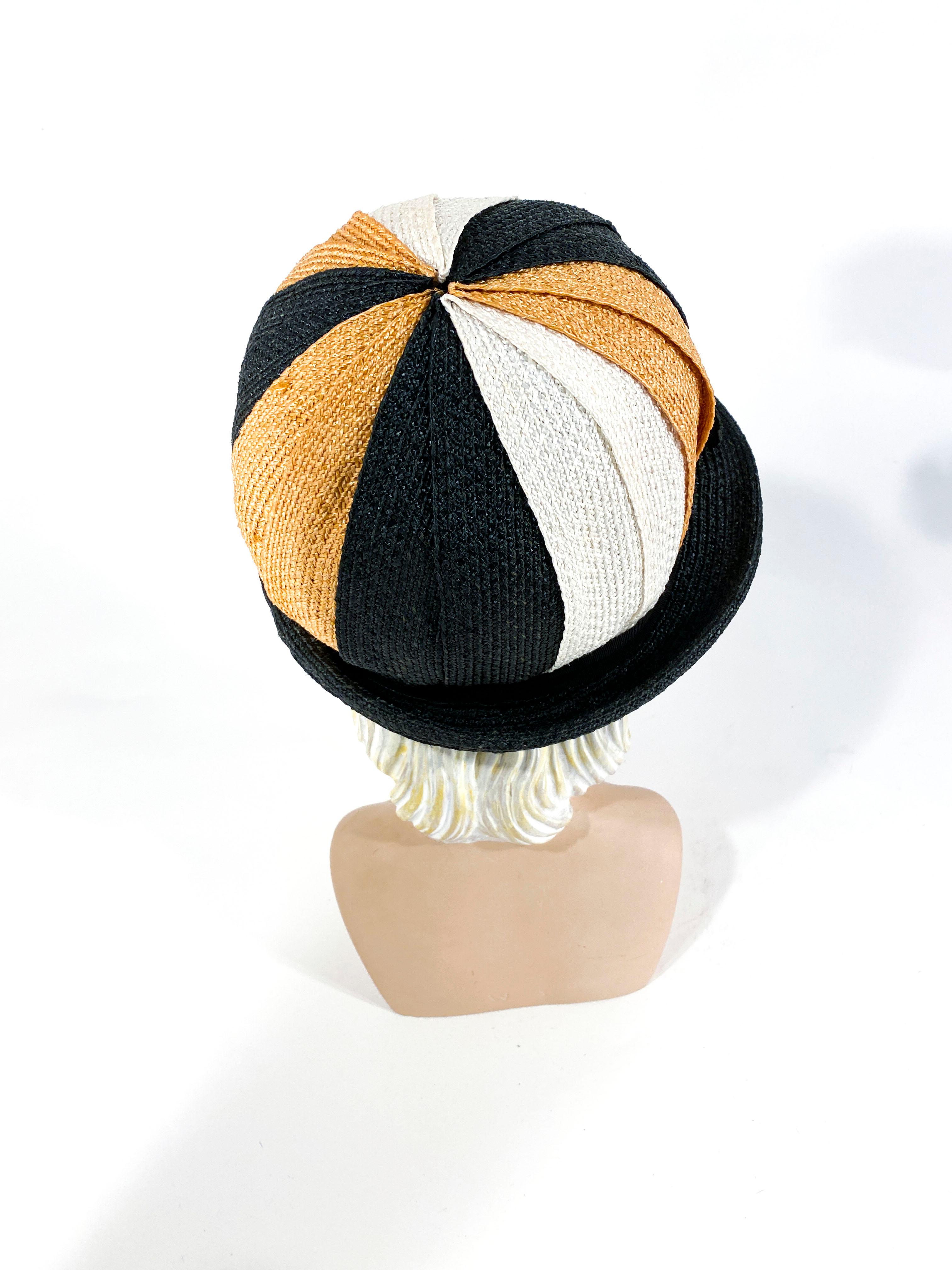 Women's 1960s Black, Gold, and Cream Woven Raffia Cloche For Sale