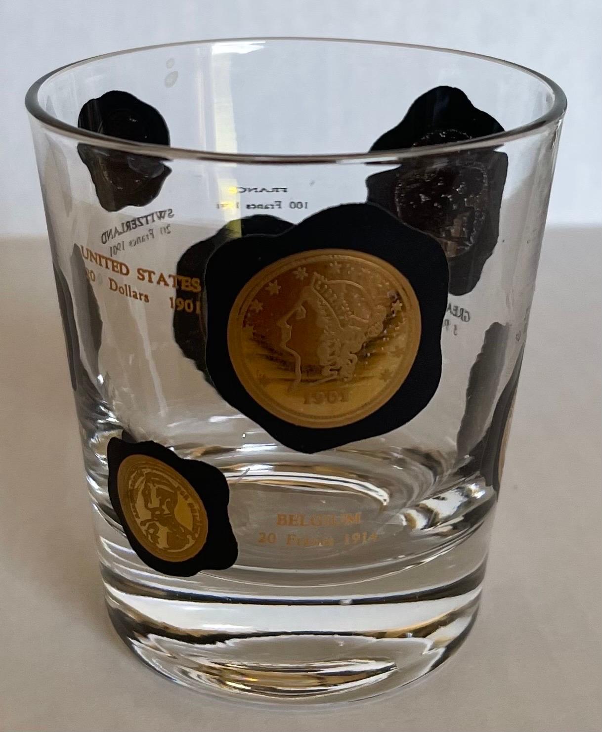 Mid-Century Modern 1960s Black & Gold Coin Small Cocktail Glasses by Cera, Set of 6 For Sale