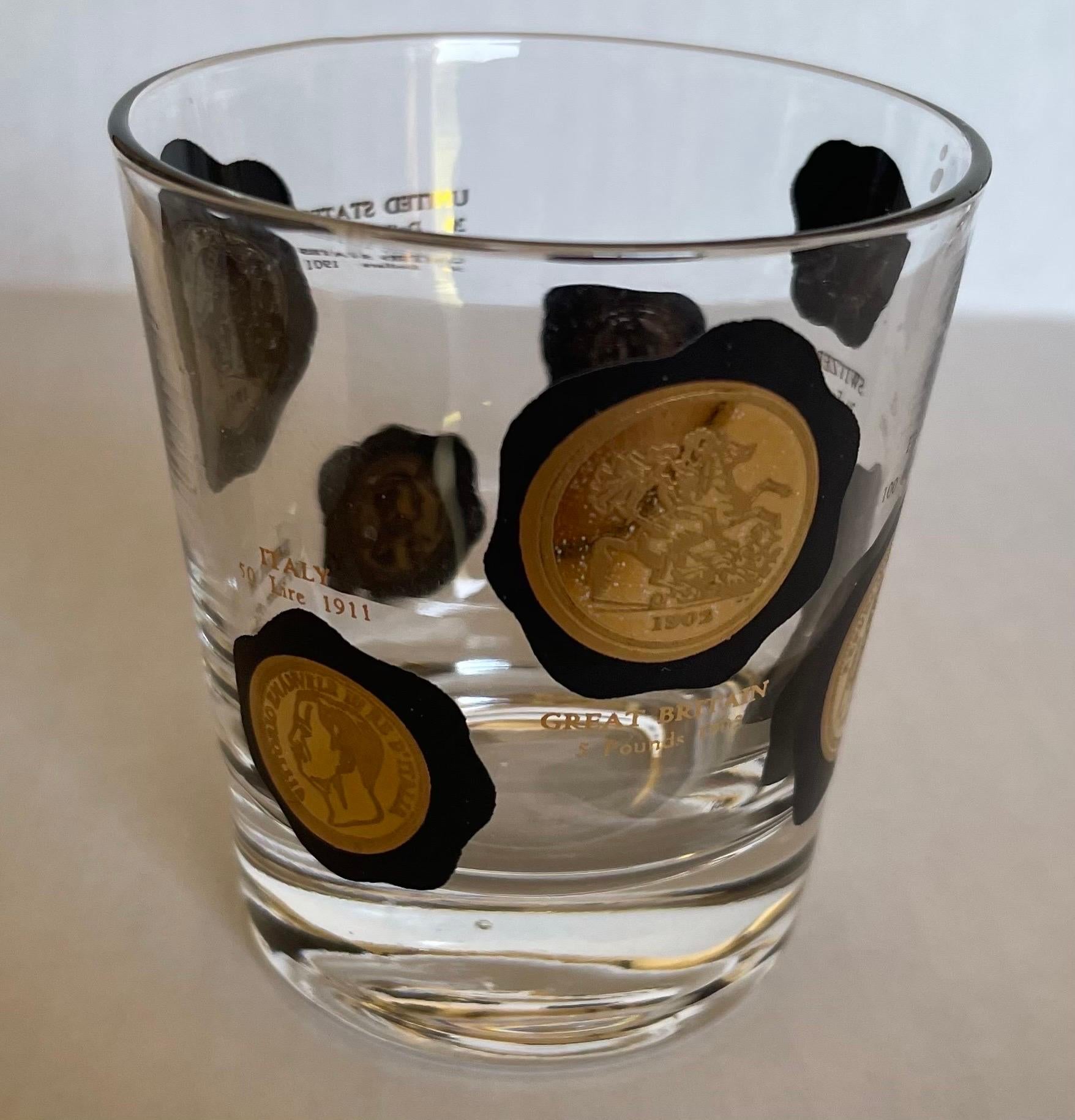 American 1960s Black & Gold Coin Small Cocktail Glasses by Cera, Set of 6 For Sale