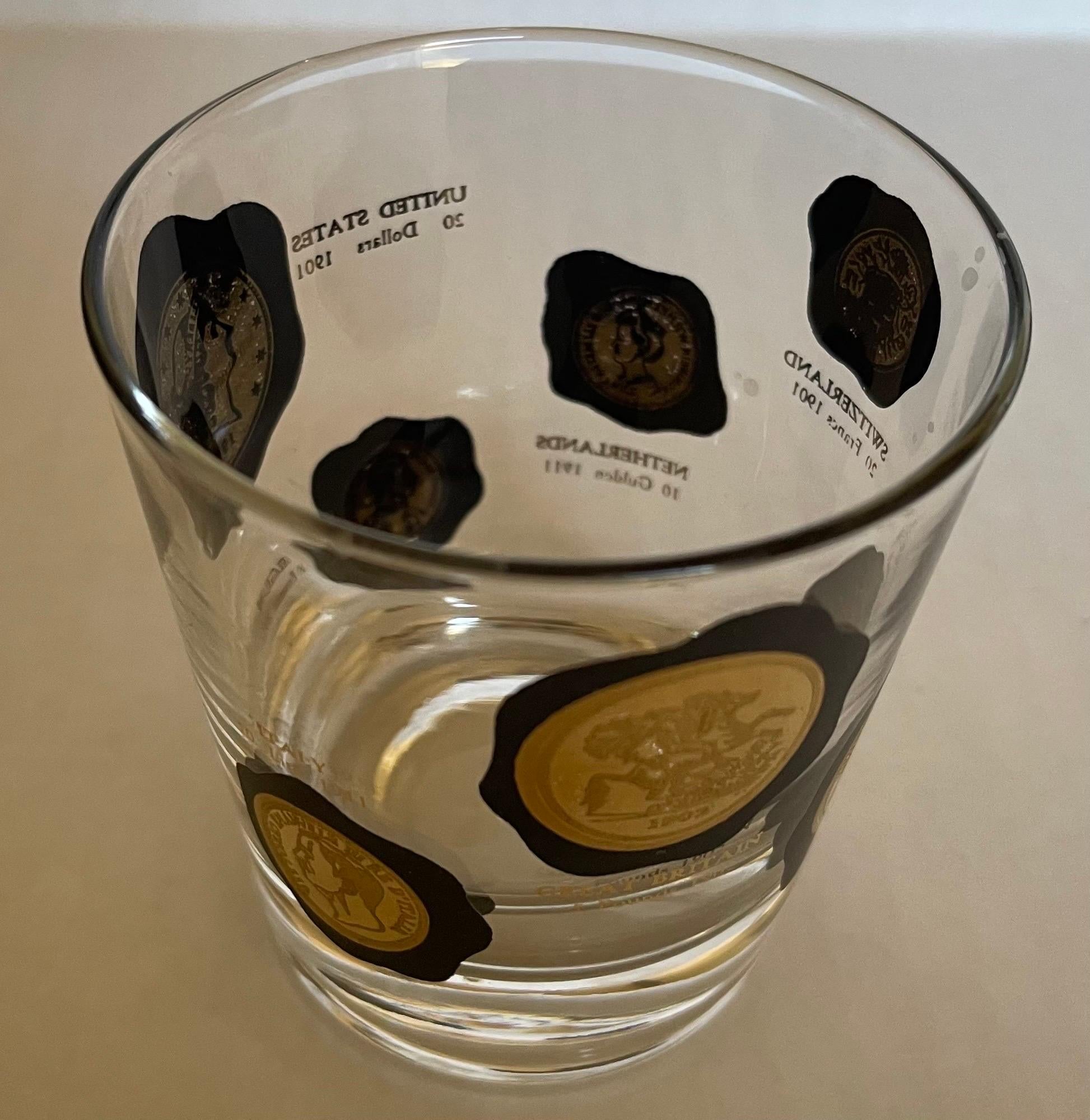 1960s Black & Gold Coin Small Cocktail Glasses by Cera, Set of 6 In Good Condition For Sale In Stamford, CT