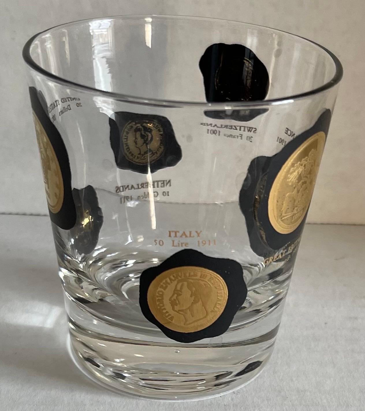 Mid-Century Modern 1960s Black & Gold Coin Small Cocktail Glasses by Cera, Set of 7