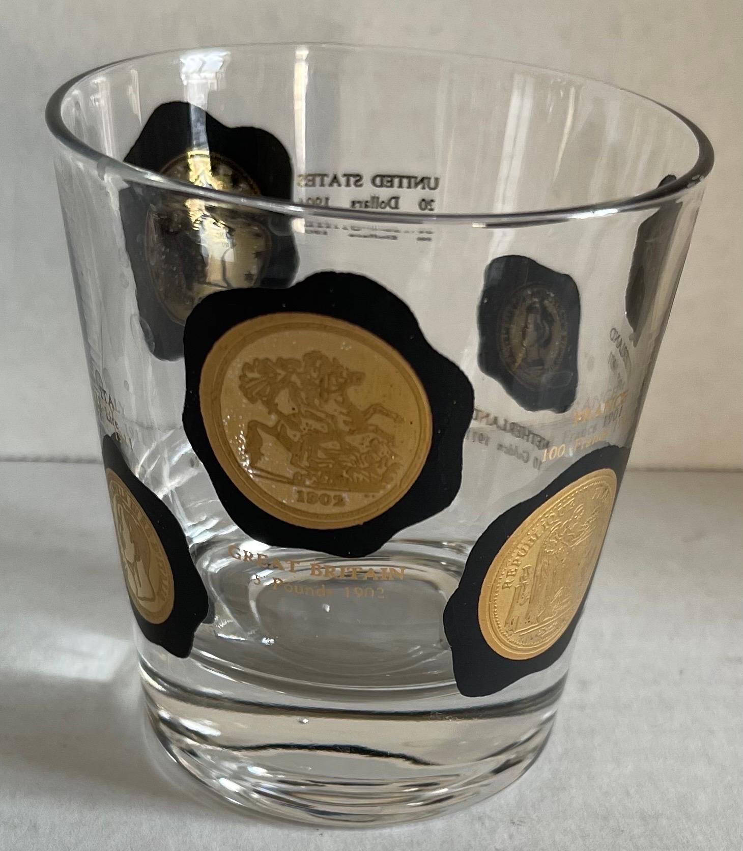 American 1960s Black & Gold Coin Small Cocktail Glasses by Cera, Set of 7