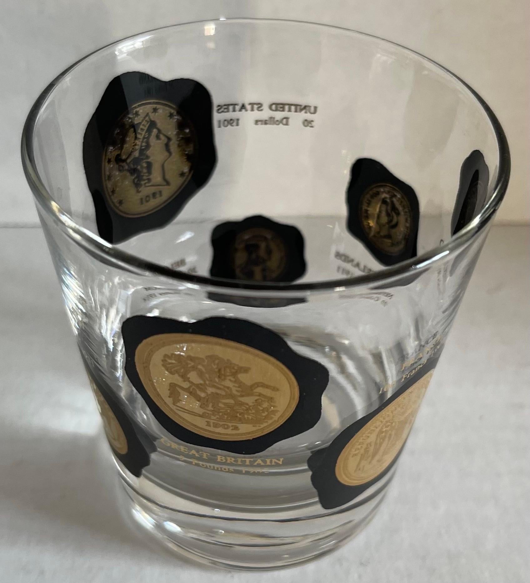 1960s Black & Gold Coin Small Cocktail Glasses by Cera, Set of 7 In Good Condition In Stamford, CT