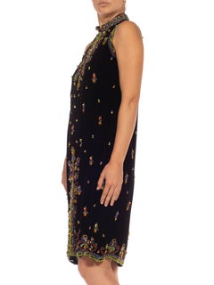1960S Black & Gold Silk Velvet Beaded Dress