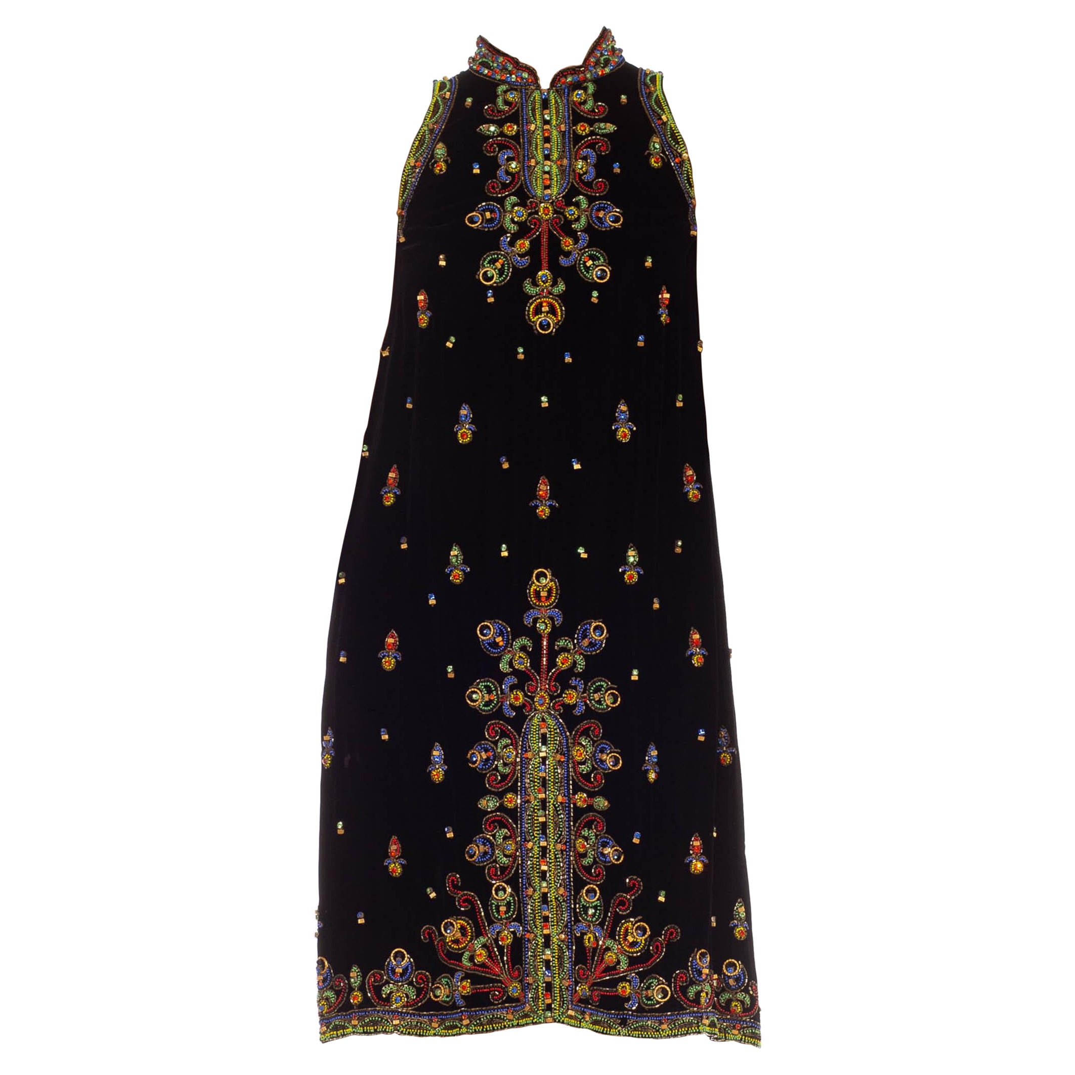 Schwarz-goldenes Seidensamt-Perlenkleid aus den 1960er Jahren