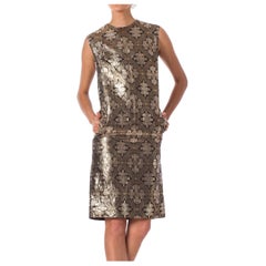 1960S Black Gold 
Silver Rayon/Lurex Brocade Mod Cocktail Dress With Pockets