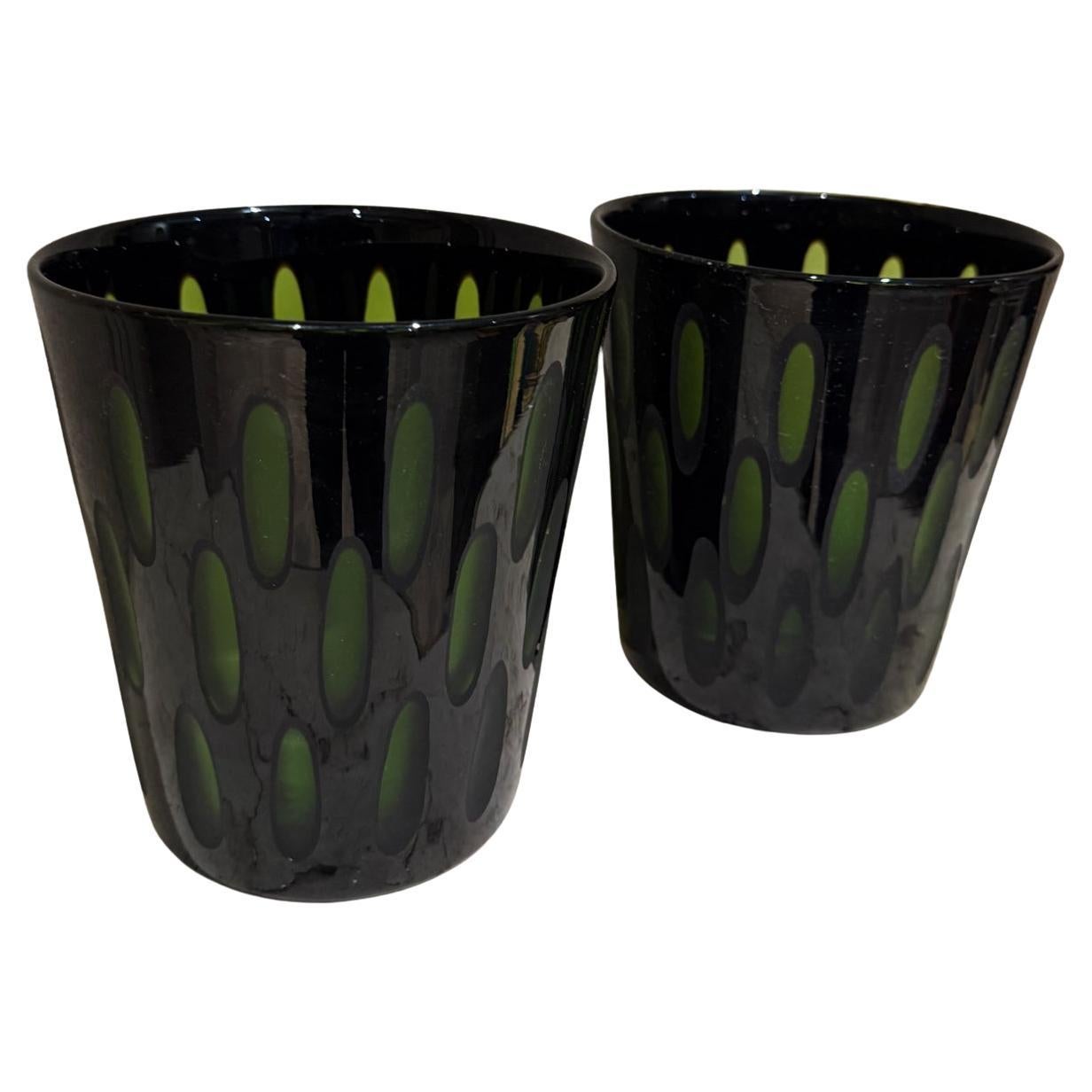 1960s Murano Vases Cased Glass Black & Green Italy