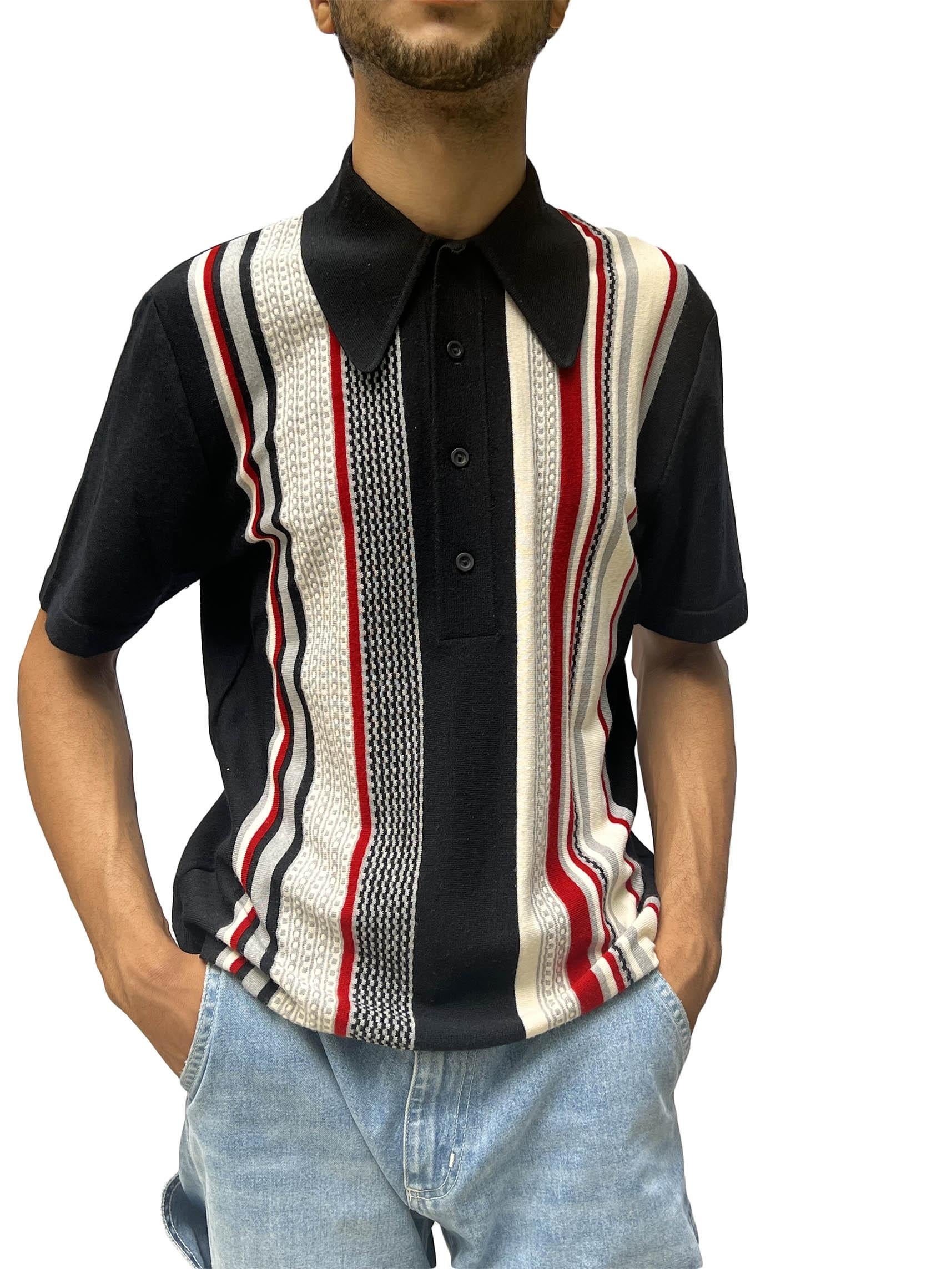 Polo Rat Pack des années 1960 en tricot poly mélangé rayé noir et gris pour hommes Excellent état - En vente à New York, NY