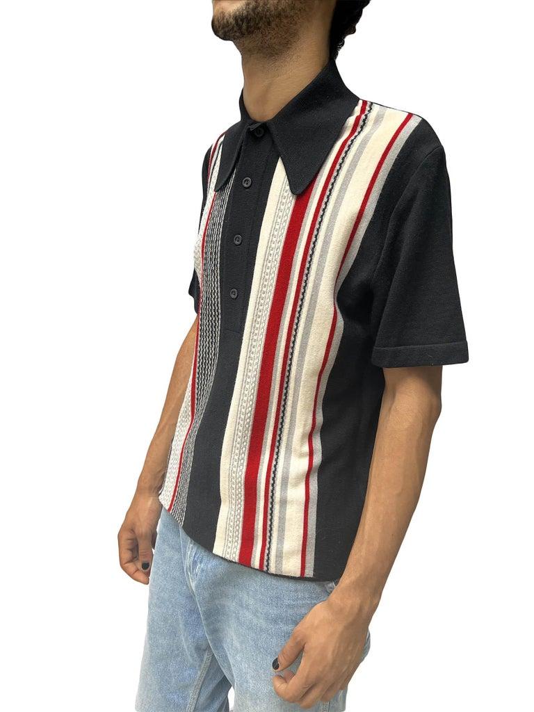 1960S Schwarz & Grau gestreift Poly Blend Knit Herren Rat Pack Polo Shirt im Angebot 4