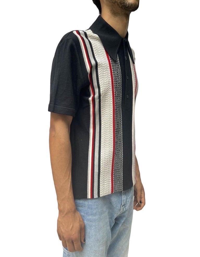 1960S Schwarz & Grau gestreift Poly Blend Knit Herren Rat Pack Polo Shirt im Angebot 5