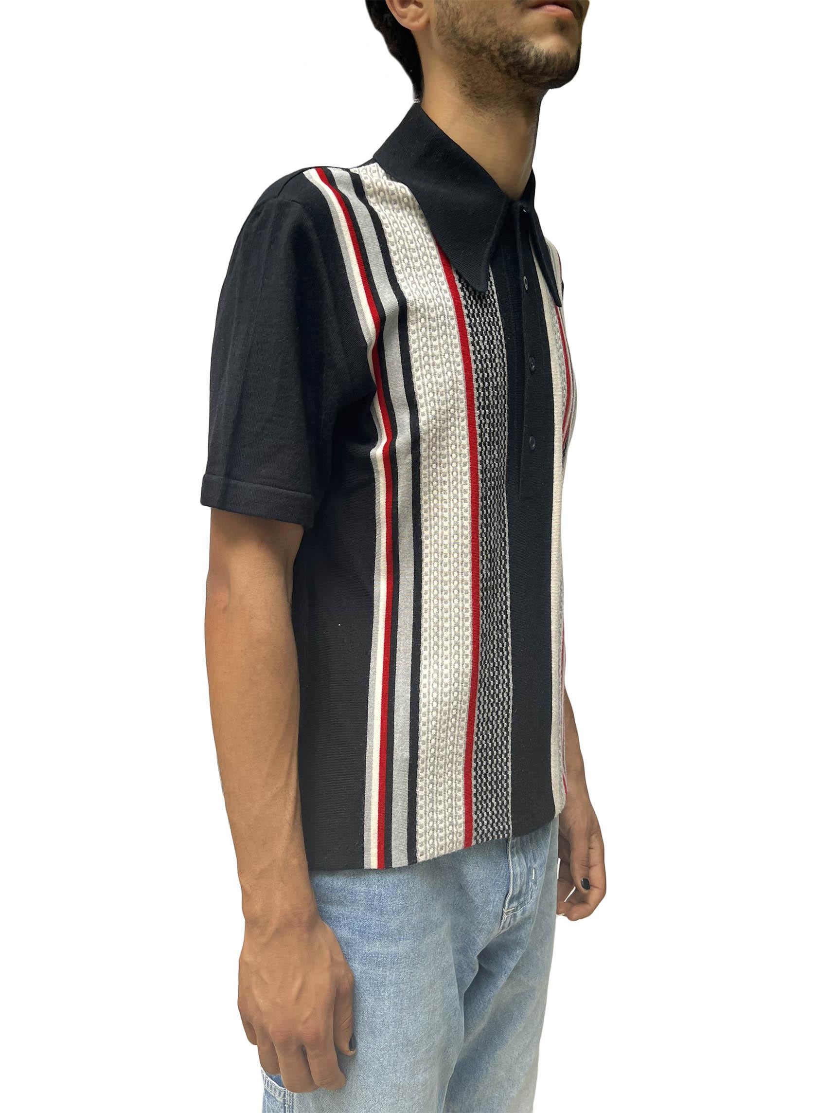 1960S Black & Grey Striped Poly Blend Knit Men's Rat Pack Polo Shirt For Sale 1