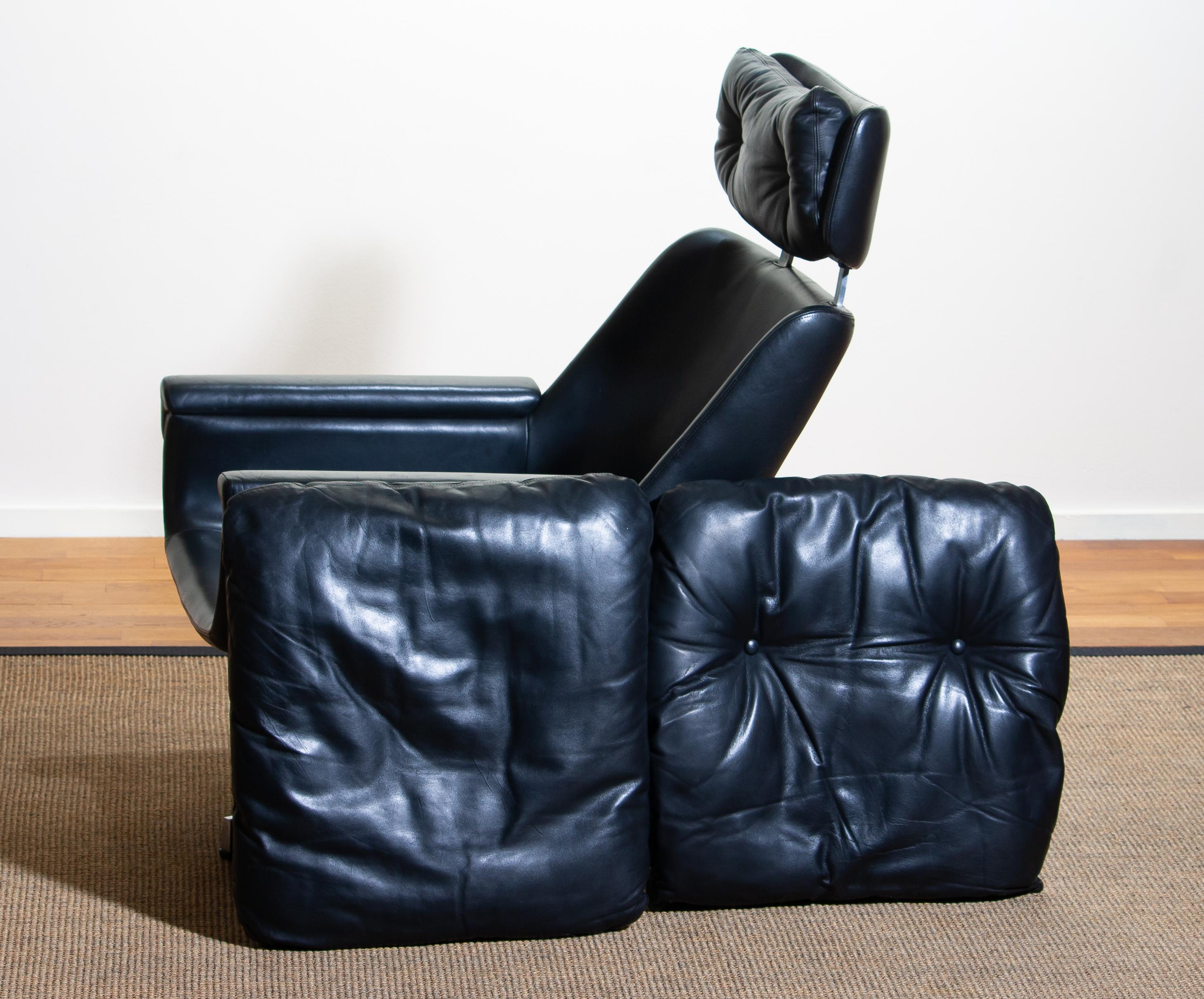 1960s, Black Leather, Rosario, Swivel Rocking Chair by Kurt Hvitsjö for Isku 2