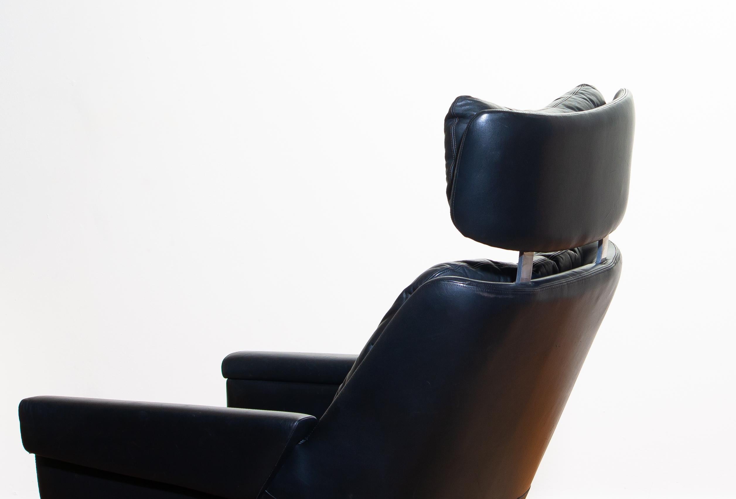 1960s, Black Leather, Rosario, Swivel Rocking Chair by Kurt Hvitsjö for Isku 1