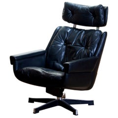 1960s, Black Leather, Rosario, Swivel Rocking Chair by Kurt Hvitsjö for Isku