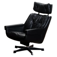 1960s, Black Leather, Rosario, Swivel Rocking Chair by Kurt Hvitsjö for Isku