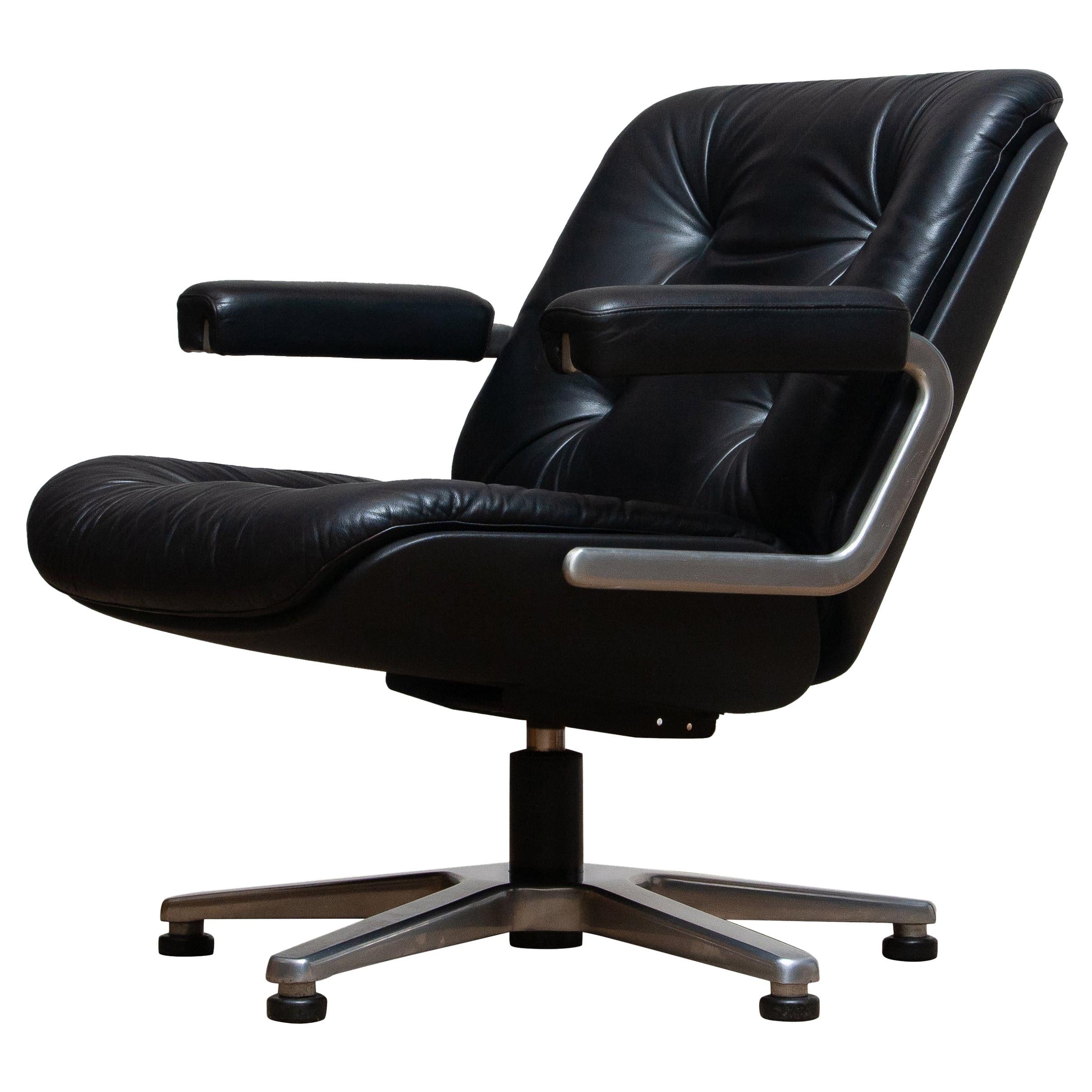 Mid-Century Modern 1960s, Black Leather Swivel Chair by Martin Stoll for Giroflex Stoll Mdl, 7065