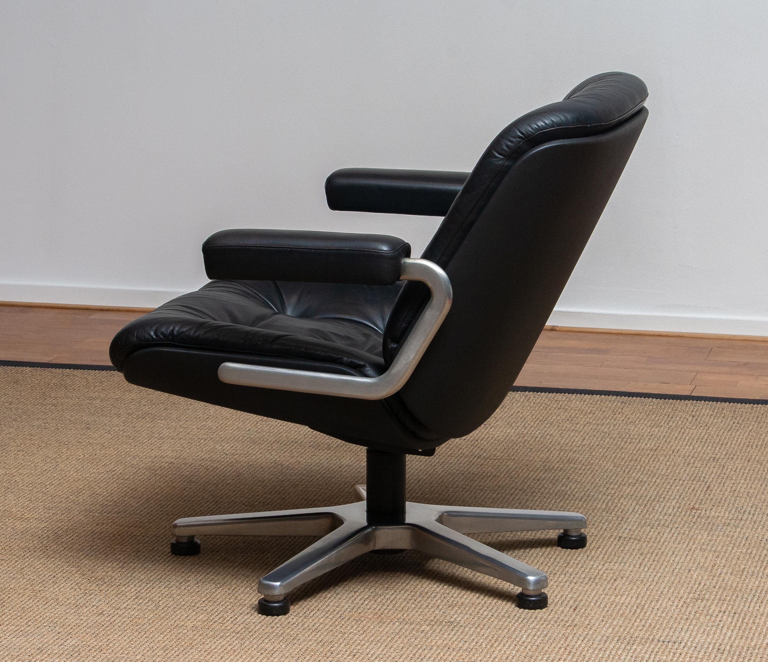 Swiss 1960s, Black Leather Swivel Chair by Martin Stoll for Giroflex Stoll Mdl, 7065